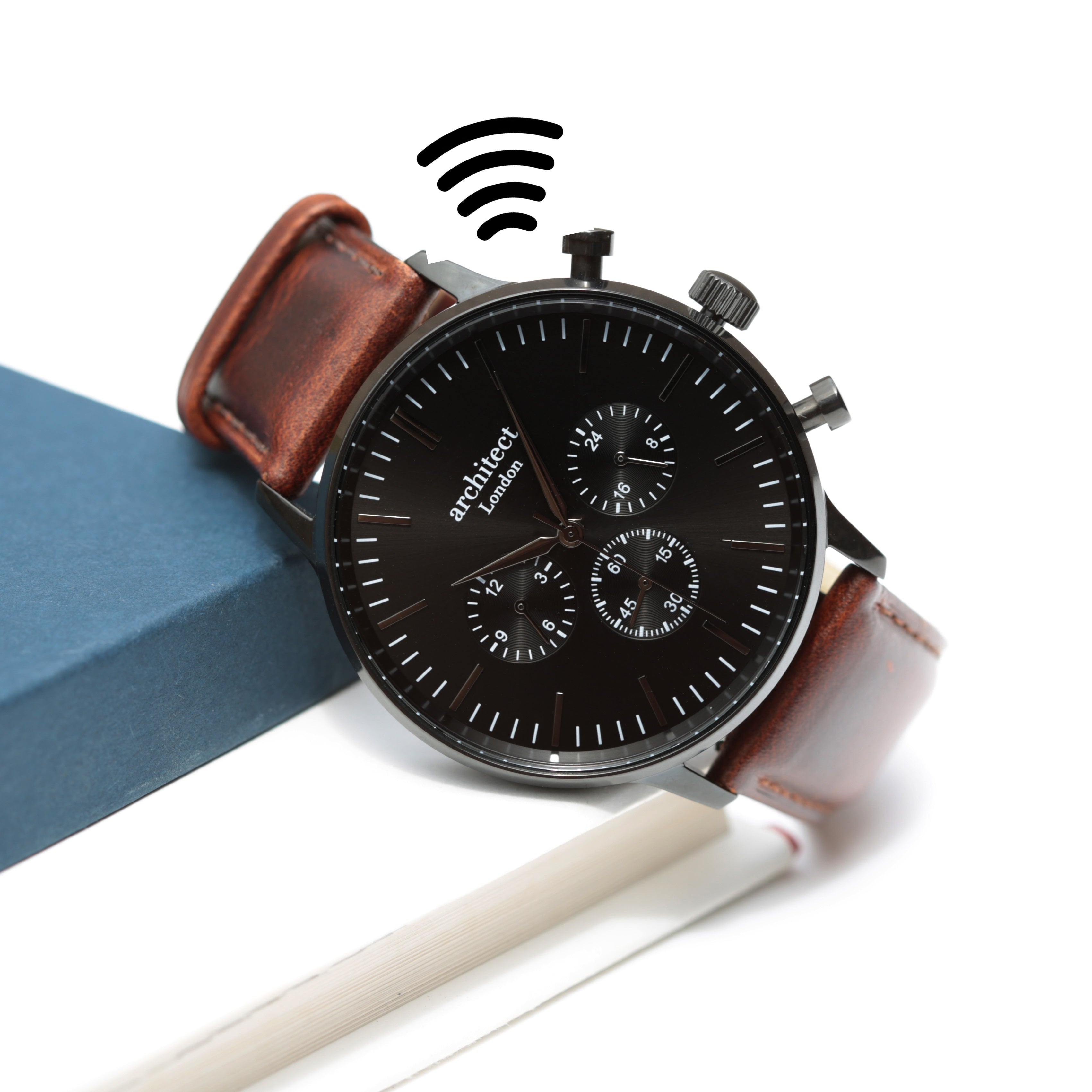 Contactless Payment Watch - Men's Motivator + Walnut Strap + Own Handwriting Engraving - Wear We Met