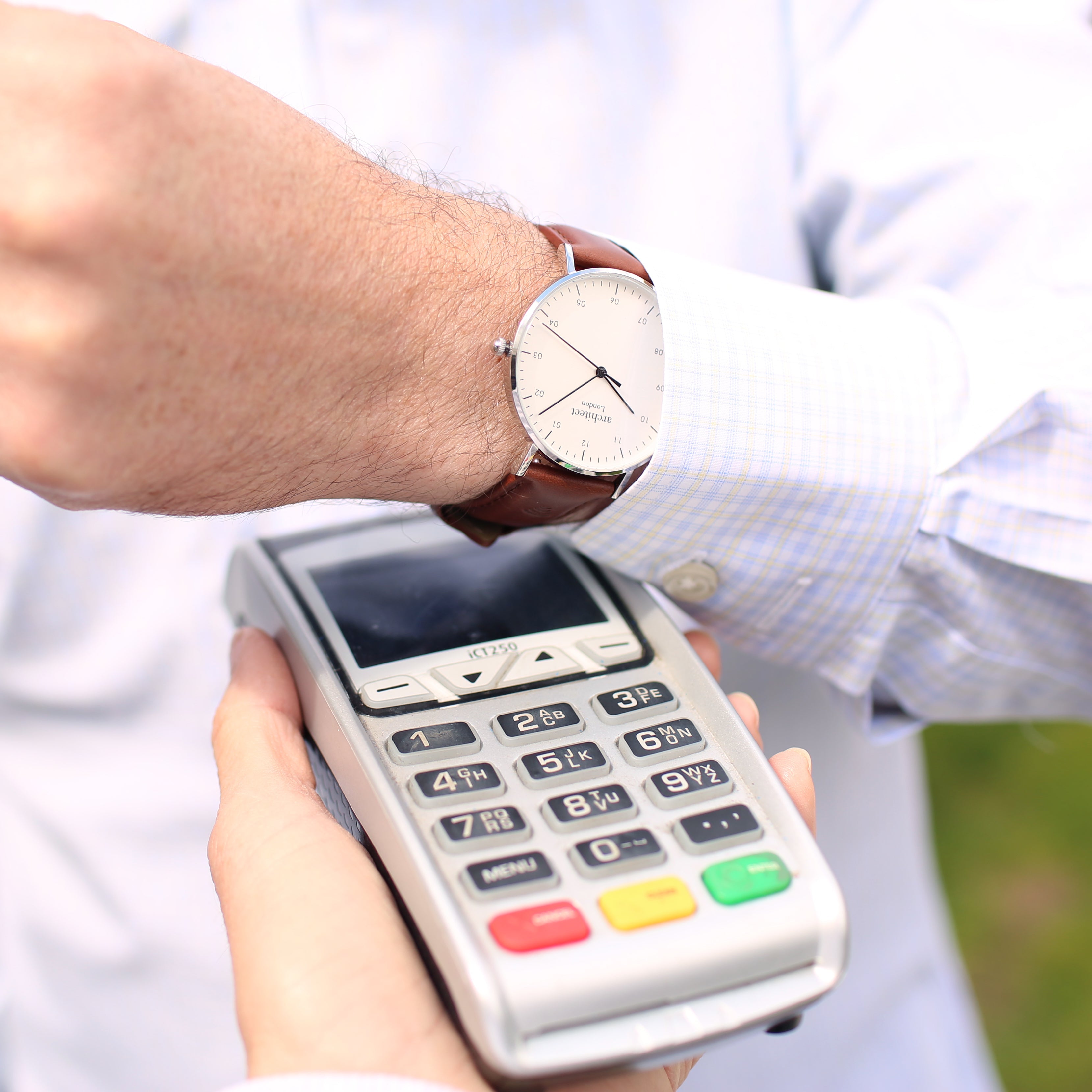 Contactless Payment Watch - Men's Architect Zephyr + Walnut Strap + Own Handwriting Engraving - Wear We Met