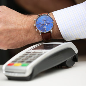 Contactless Payment Watch - Men's Blue Motivator + Walnut Strap + Own Handwriting Engraving - Wear We Met