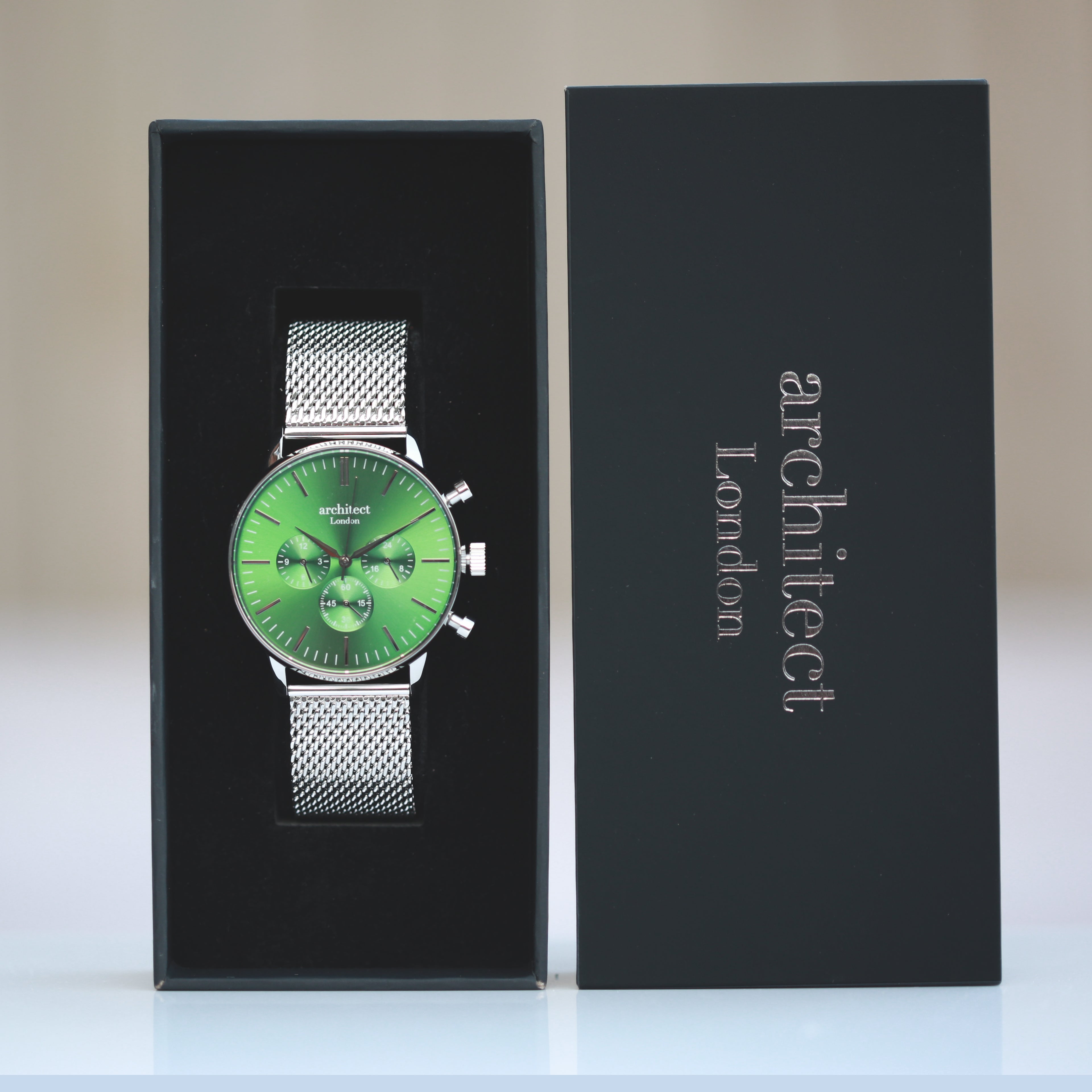 Men's Architect Motivator In Envy Green With Silver Mesh Strap - Modern Font Engraving