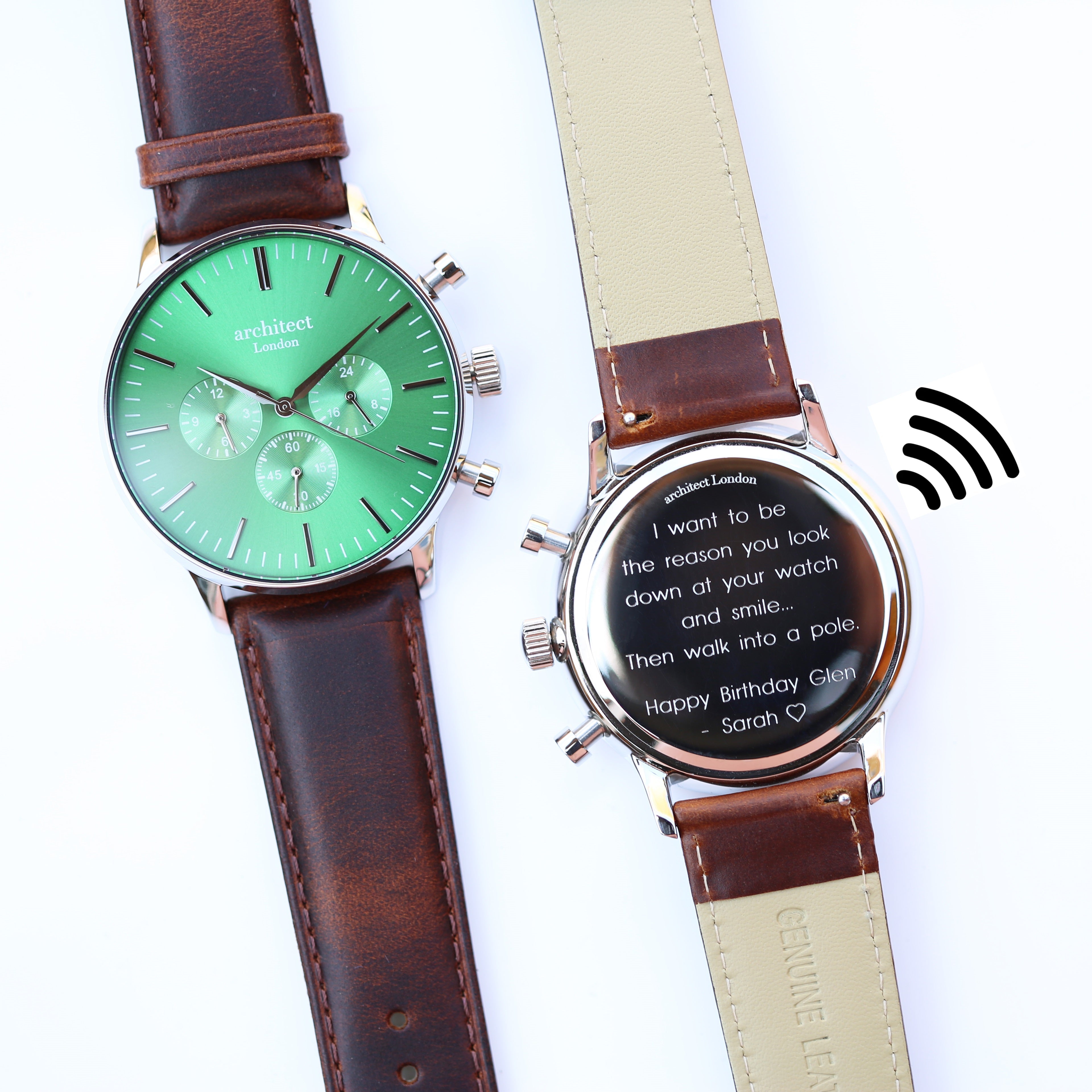 Contactless Payment Watch - Men's Envy Green Motivator + Walnut Strap + Modern Font Engraving - Wear We Met