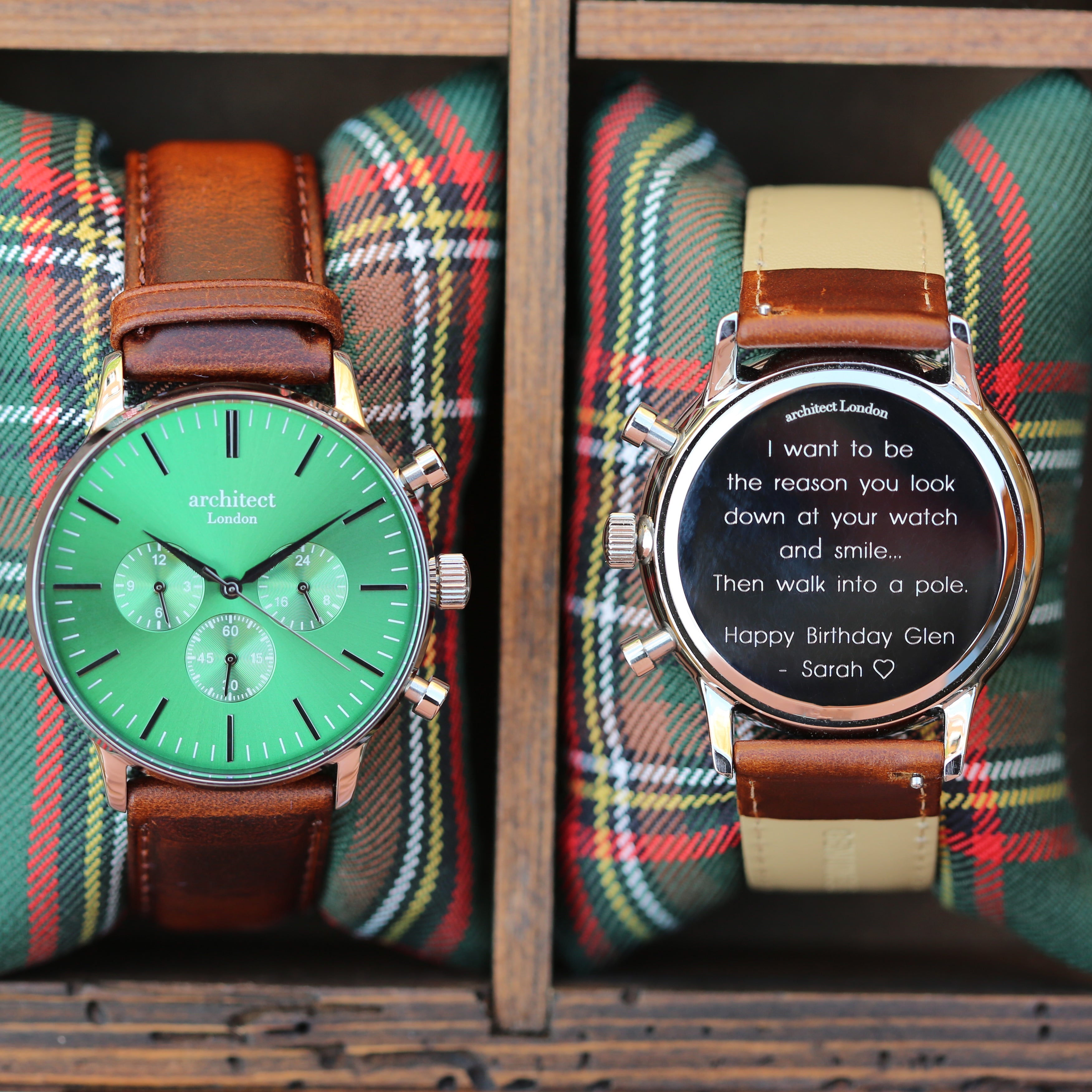 Contactless Payment Watch - Men's Envy Green Motivator + Walnut Strap + Modern Font Engraving - Wear We Met