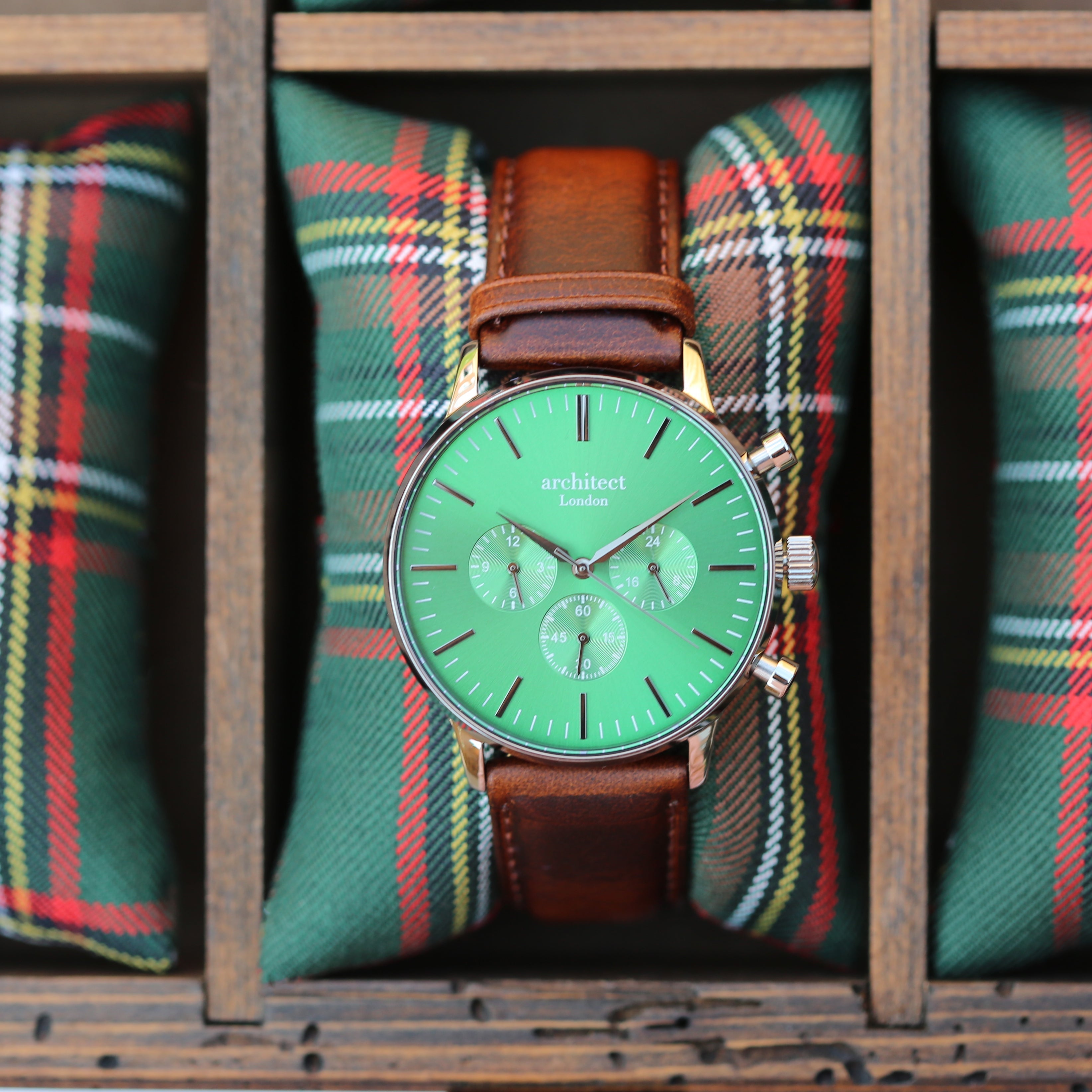 Contactless Payment Watch - Men's Envy Green Motivator + Walnut Strap + Modern Font Engraving - Wear We Met