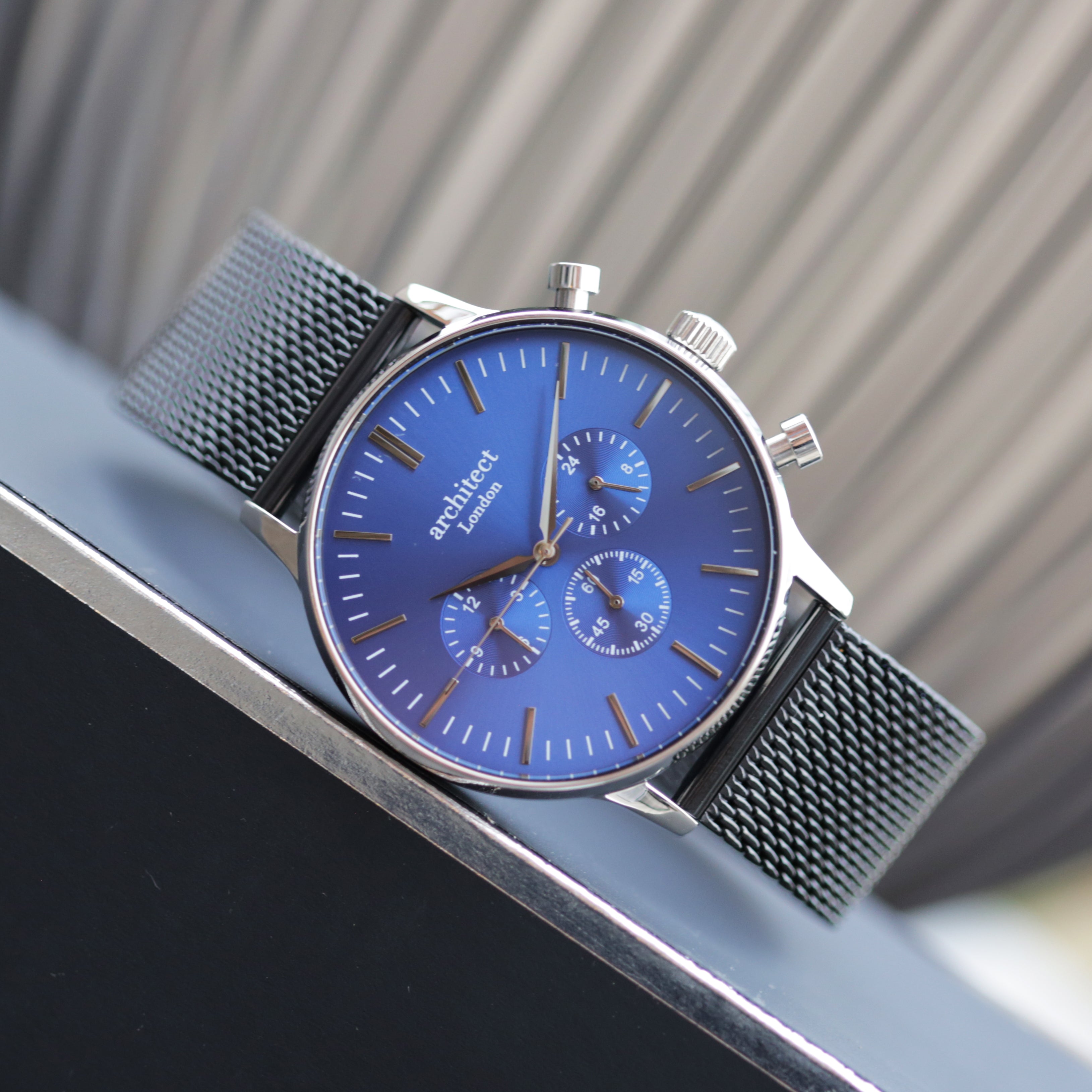 Men's Architect Motivator In Blue With Black Mesh Strap - Modern Font Engraving