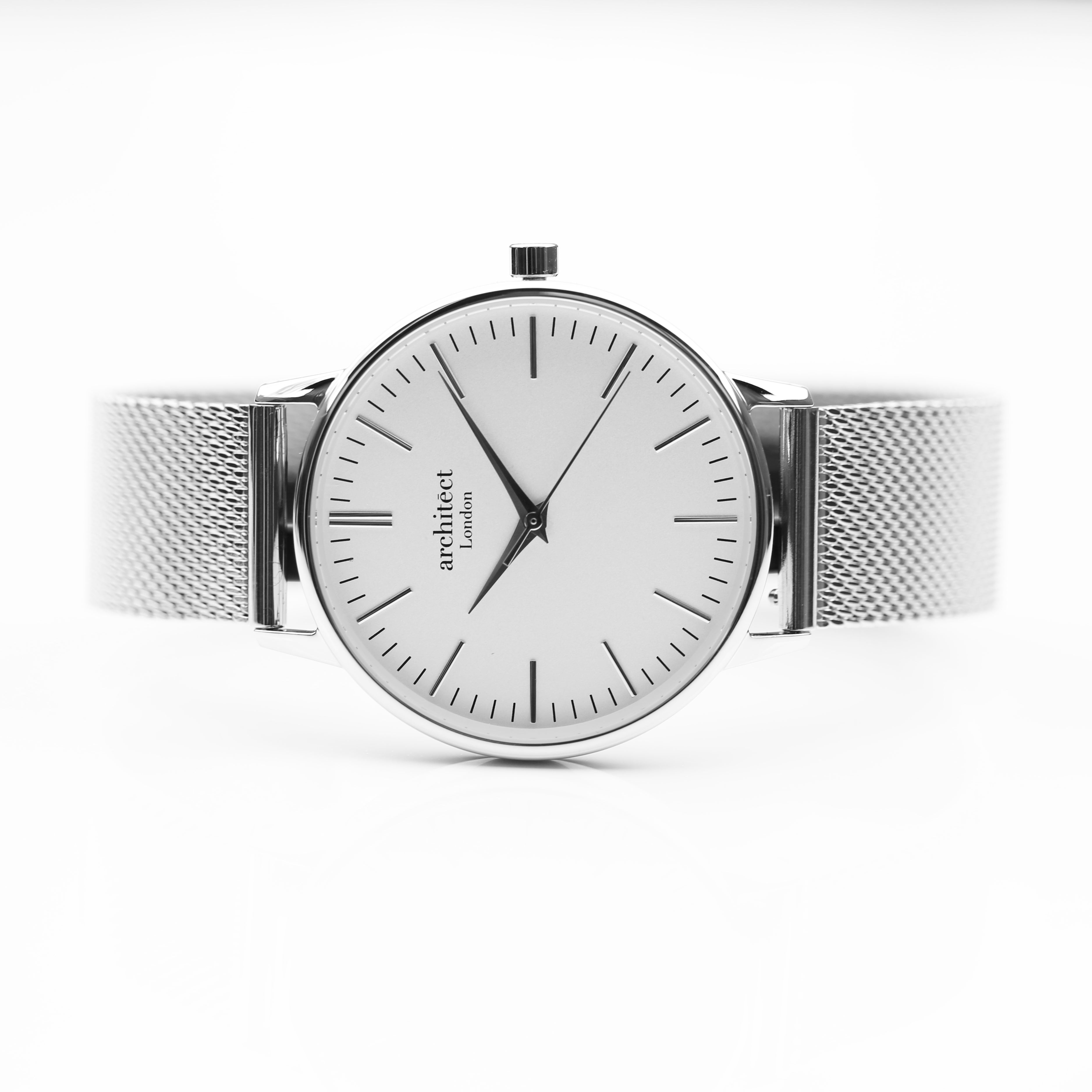 Ladies Architēct Blanc Silver Bezel - Modern Font Engraving + Silver Mesh Strap