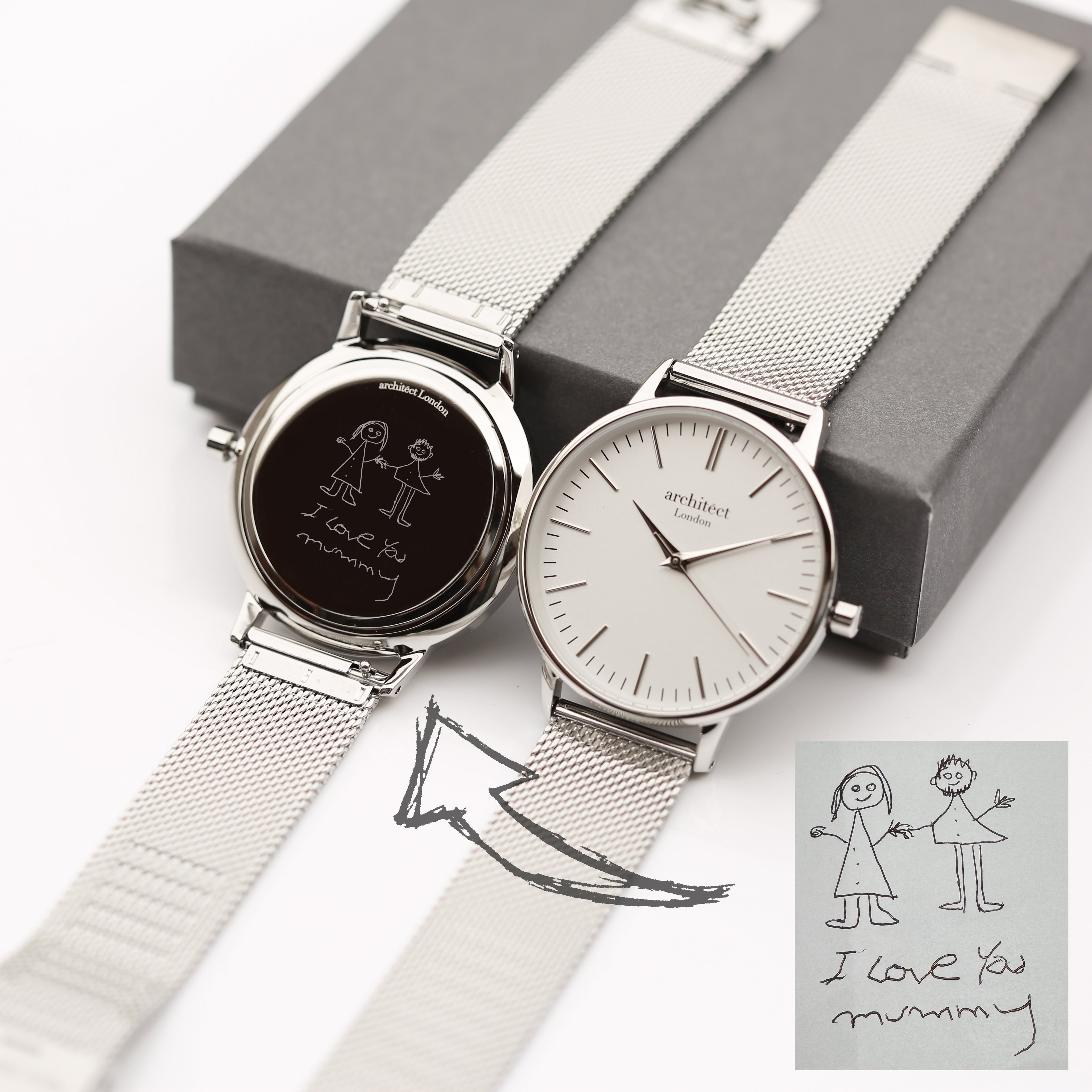 Ladies Architēct Blanc Silver Bezel - Handwriting Engraving + Silver Mesh Strap