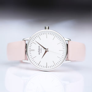 Ladies Architēct Blanc Silver Bezel - Modern Font Engraving + Light Pink Strap