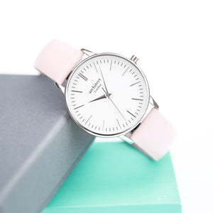 Ladies Architēct Blanc Silver Bezel - Modern Font Engraving + Light Pink Strap