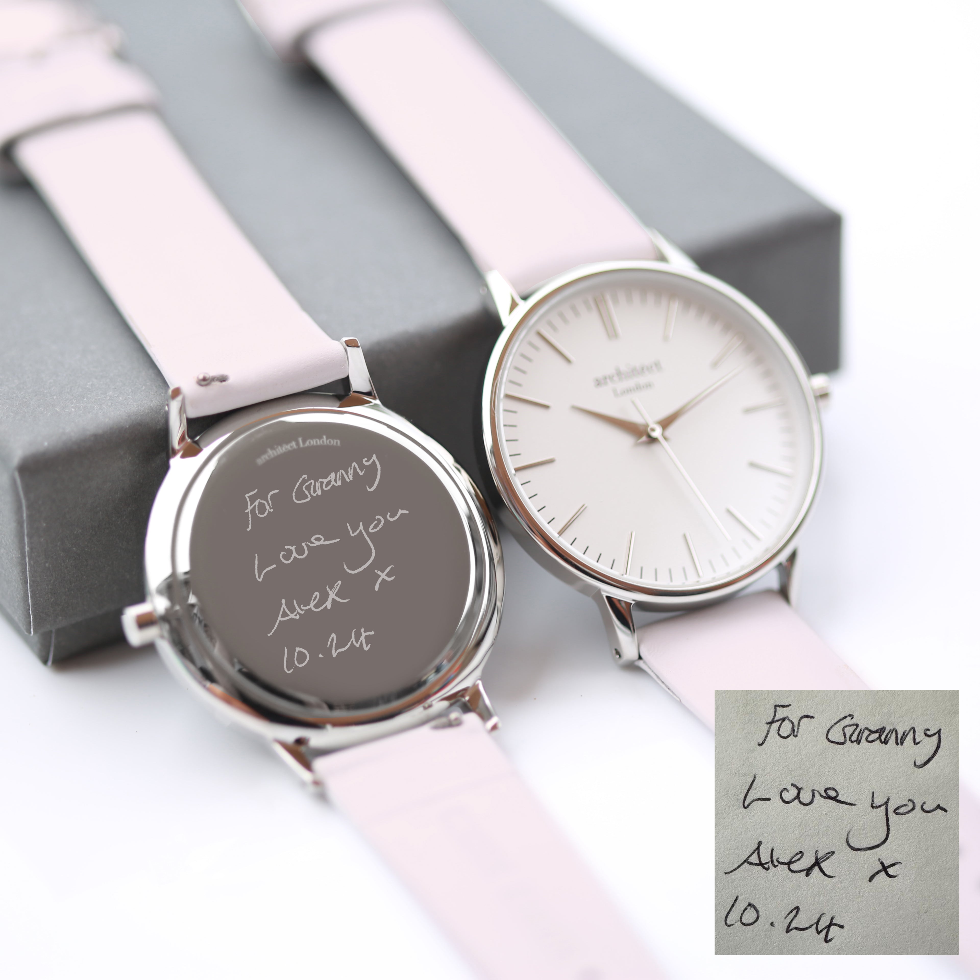 Ladies Architēct Blanc Silver Bezel - Handwriting Engraving + Light Pink Strap