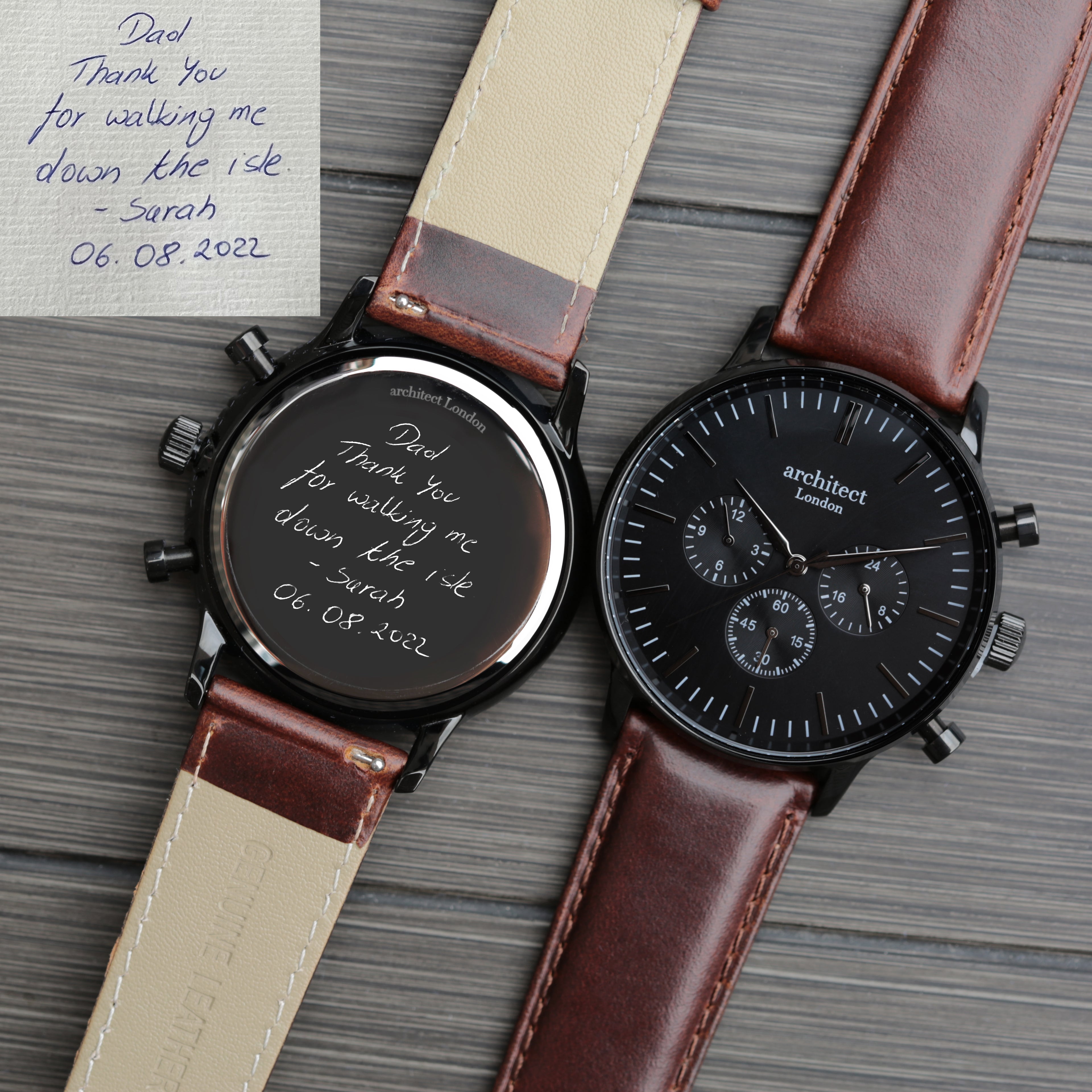 Handwriting Engraving - Men's Architect Motivator Black with Walnut Strap - Wear We Met