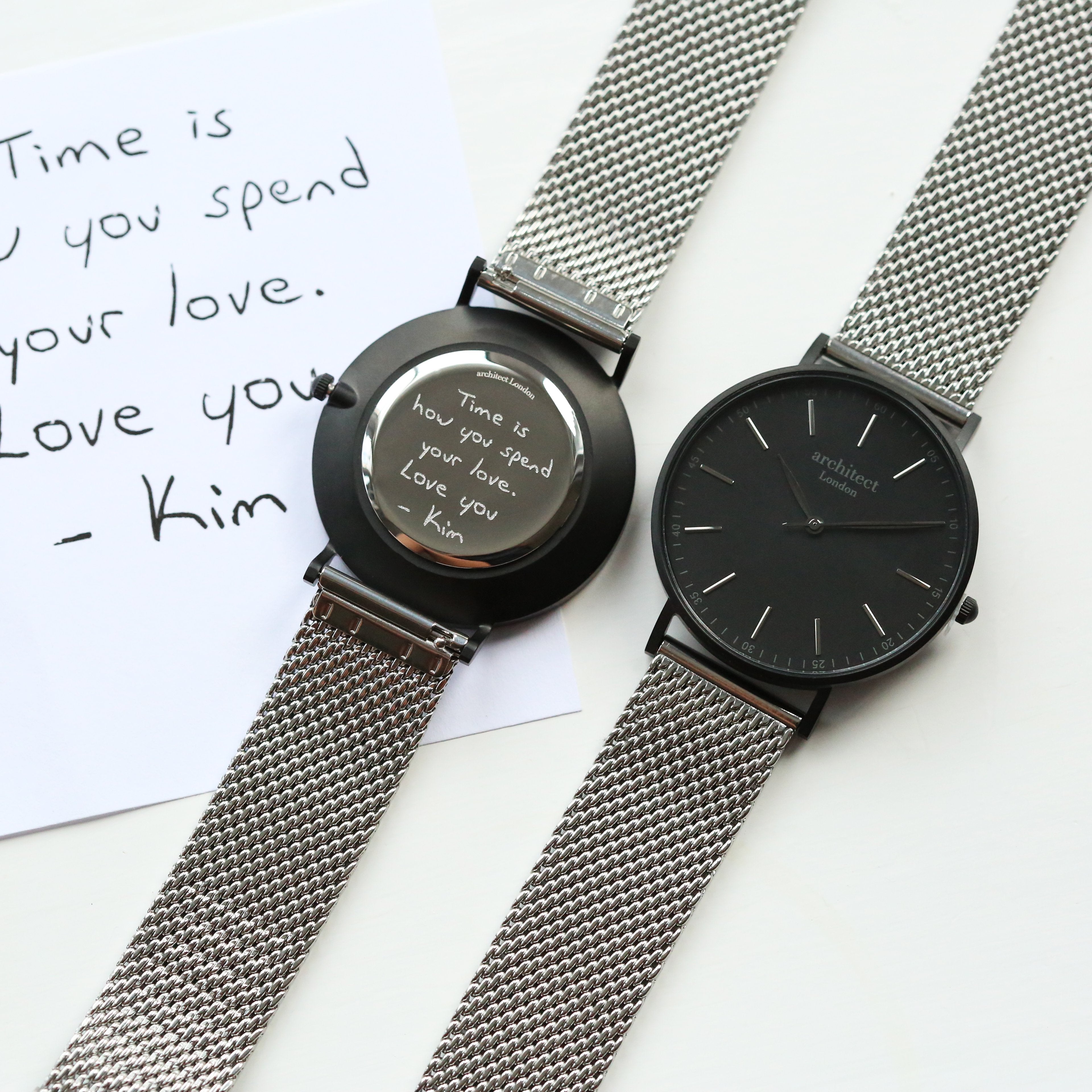 Handwriting Engraving - Men's Minimalist Watch + Steel Silver Mesh Strap - Wear We Met