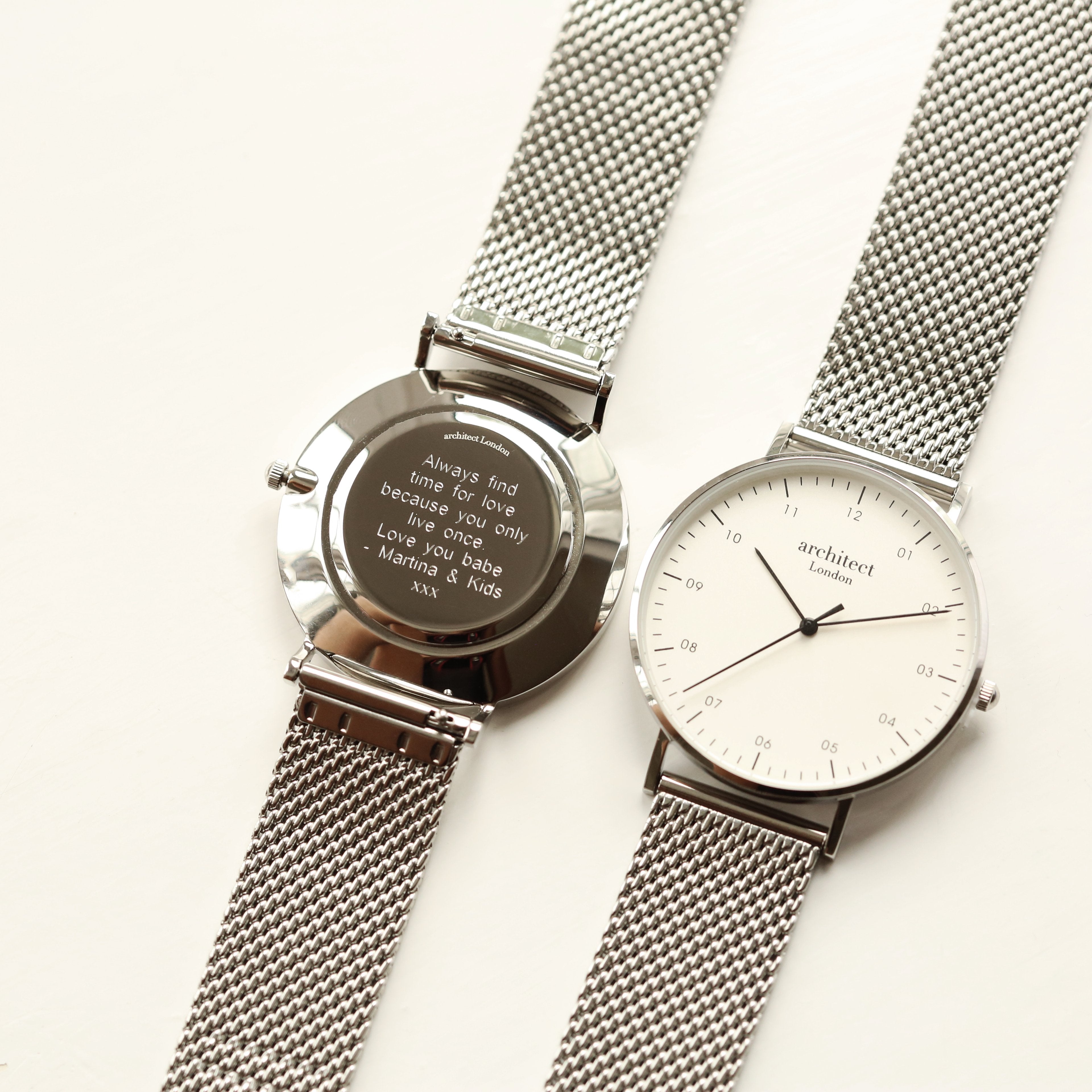 Modern Font Engraving - Men's Architect Zephyr + Steel Silver Mesh Strap - Wear We Met