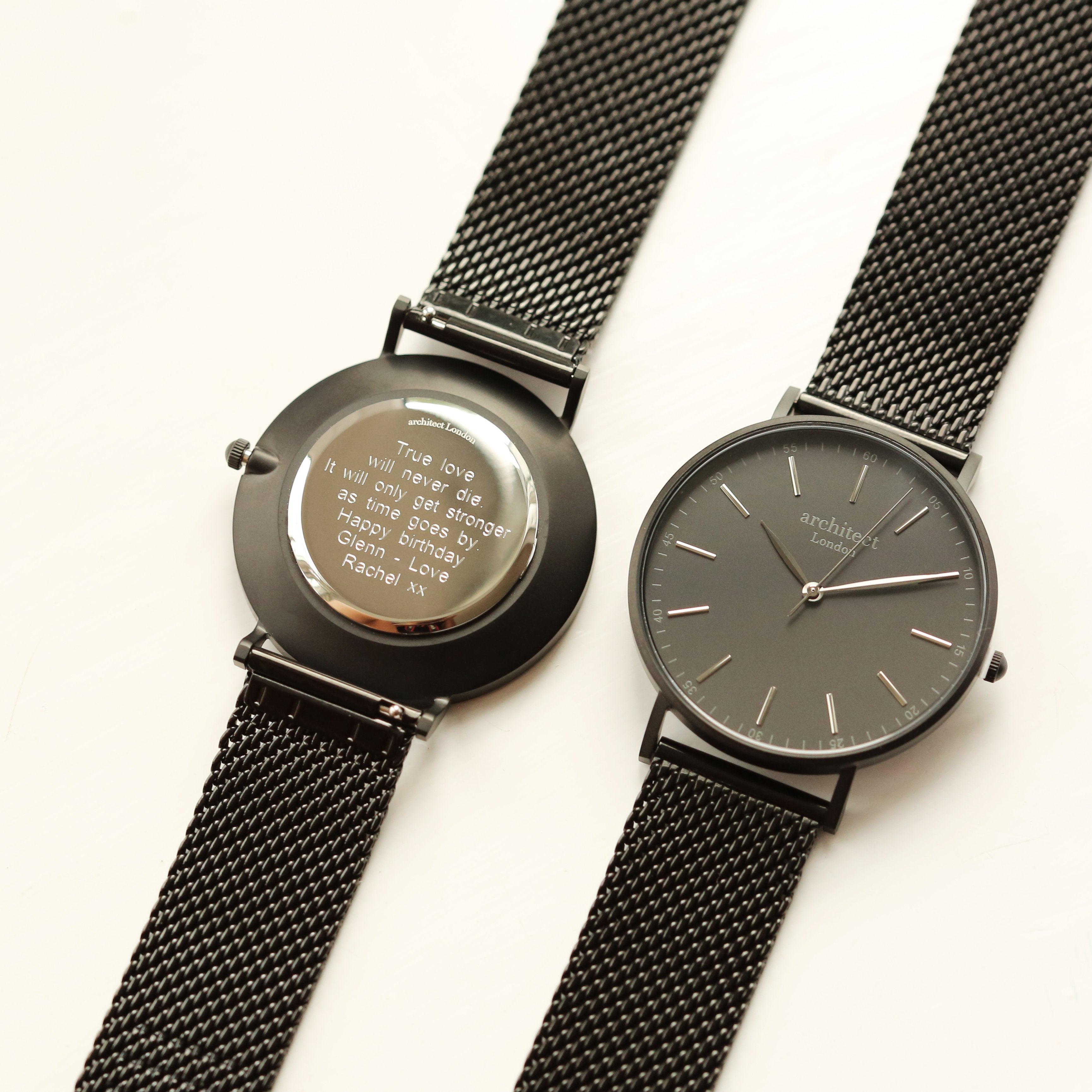 Modern Font Engraving - Men's Minimalist Watch + Pitch Black Mesh Strap - Wear We Met