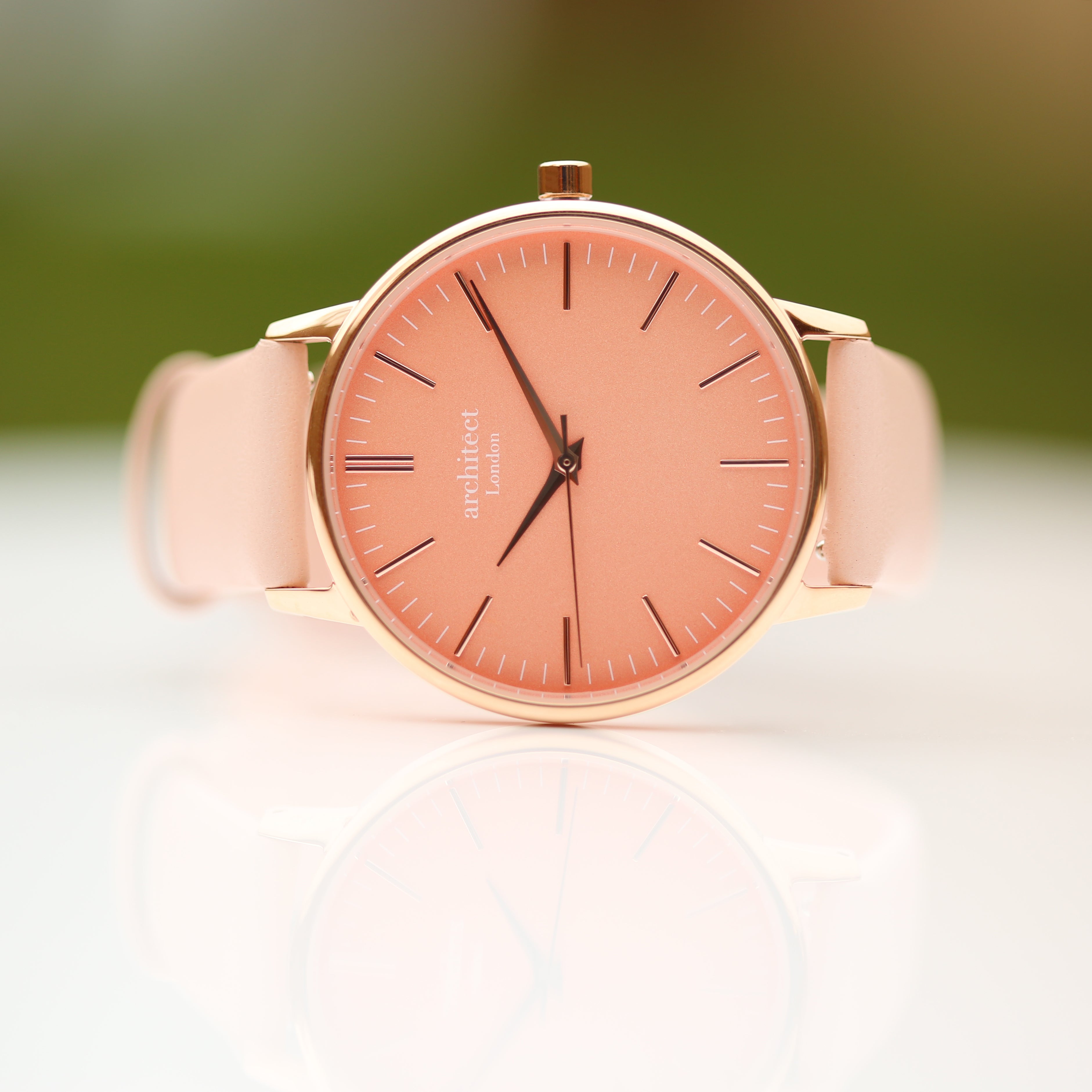 Ladies Architēct Coral - Modern Font Engraving + Light Pink Strap - Wear We Met