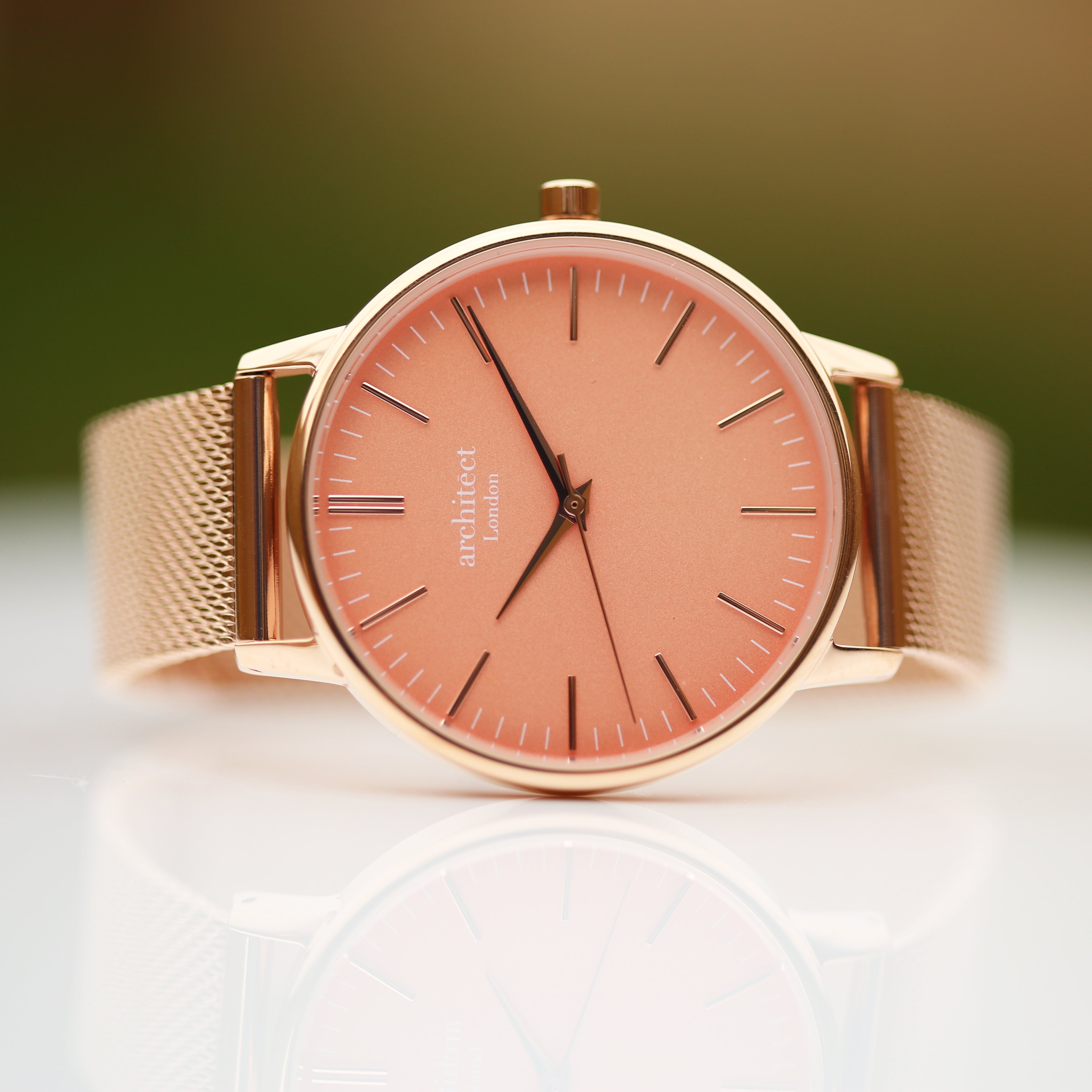 Ladies Architēct Coral - Modern Font Engraving + Rose Gold Mesh Strap - Wear We Met