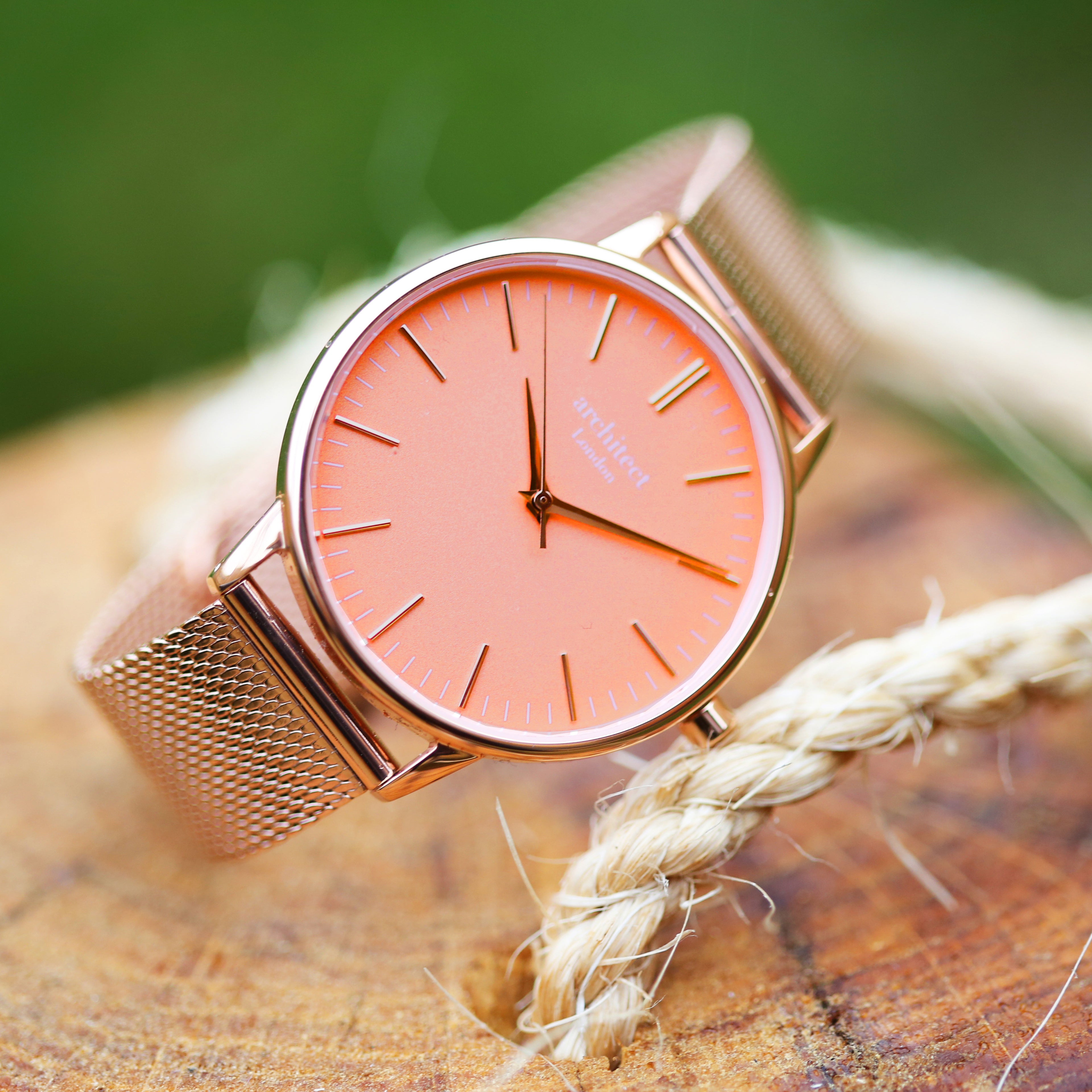 Ladies Architēct Coral - Modern Font Engraving + Rose Gold Mesh Strap - Wear We Met