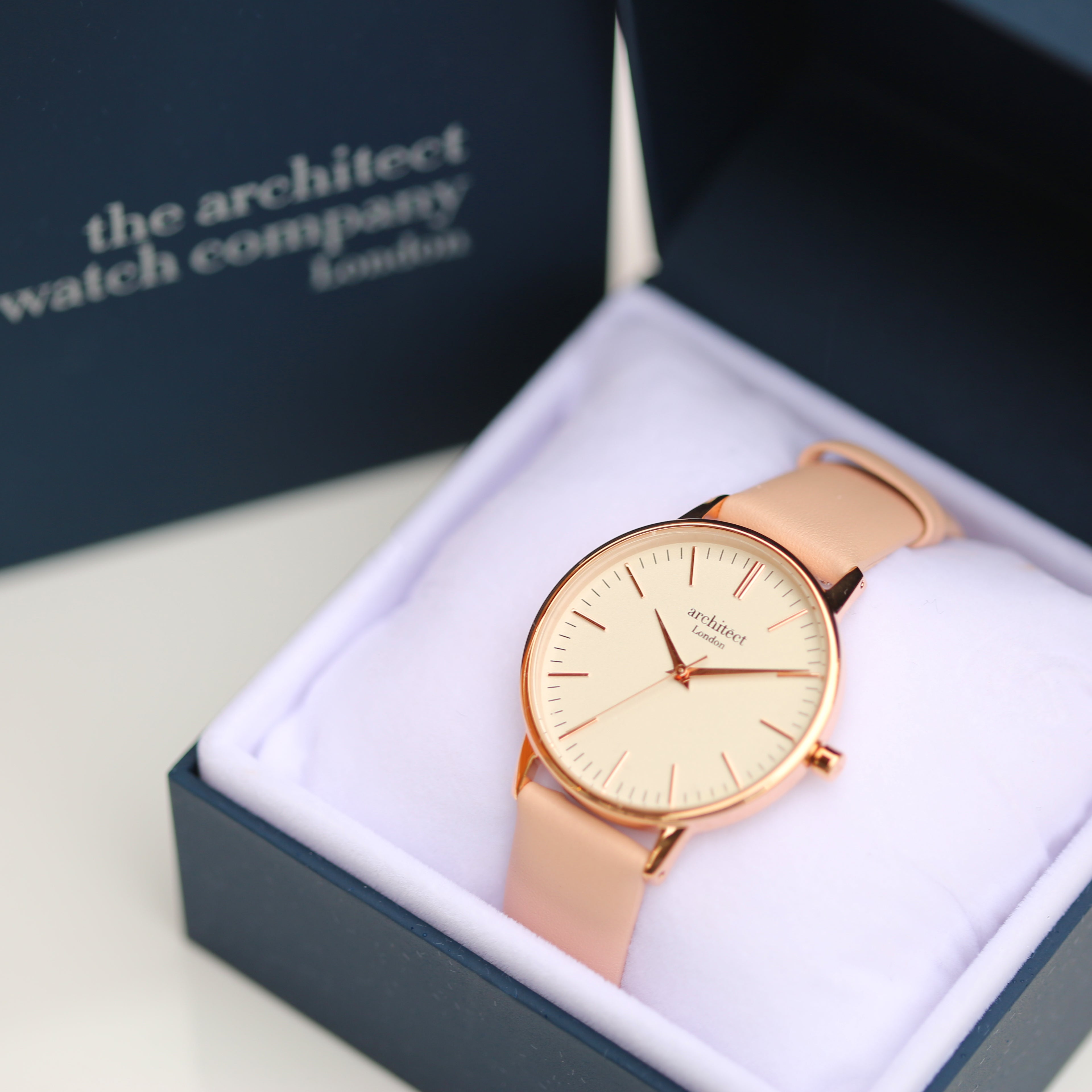 Ladies Architēct Blanc - Modern Font Engraving + Light Pink Strap - Wear We Met