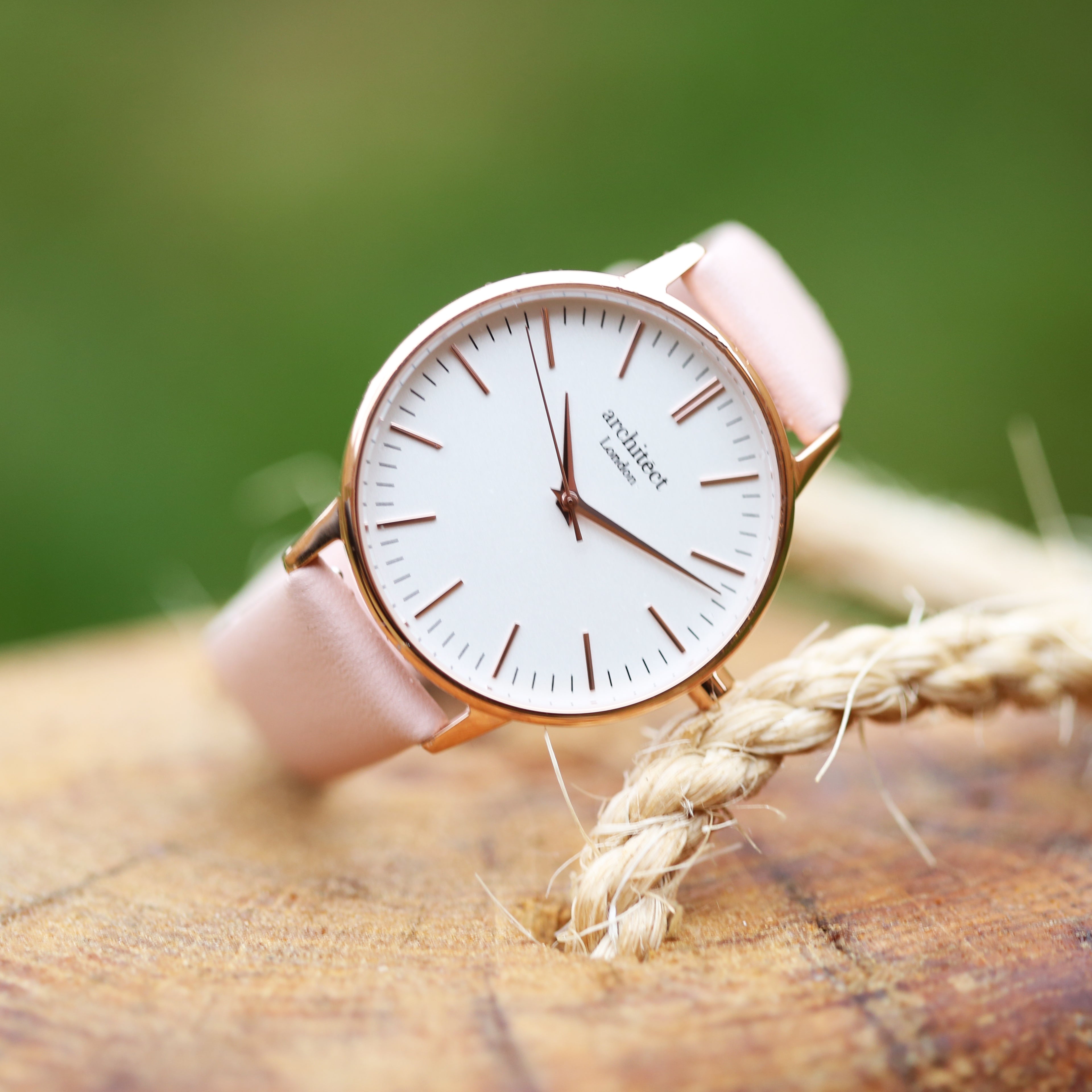 Ladies Architēct Blanc - Modern Font Engraving + Light Pink Strap - Wear We Met