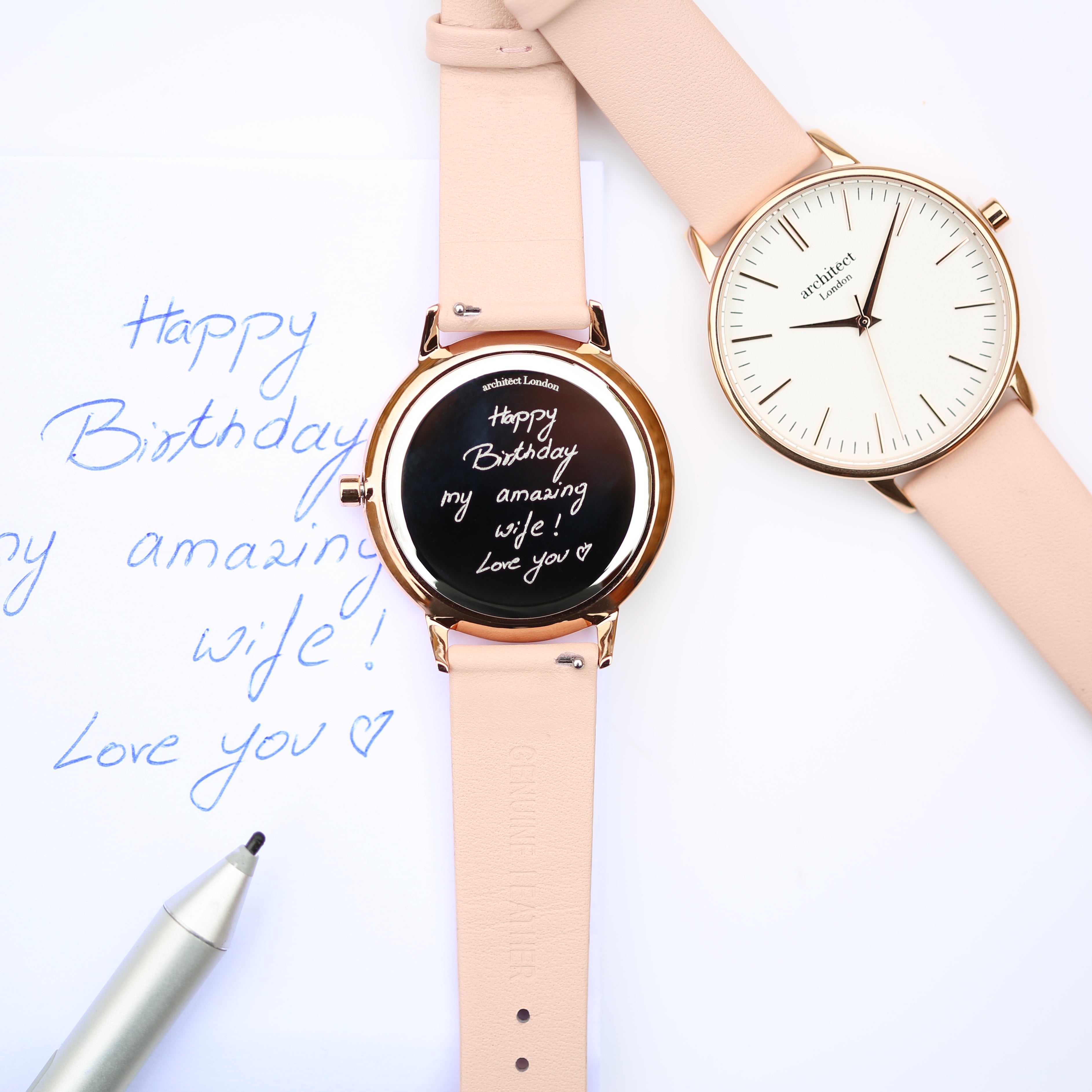 Ladies Architēct Blanc - Handwriting Engraving + Light Pink Strap - Wear We Met