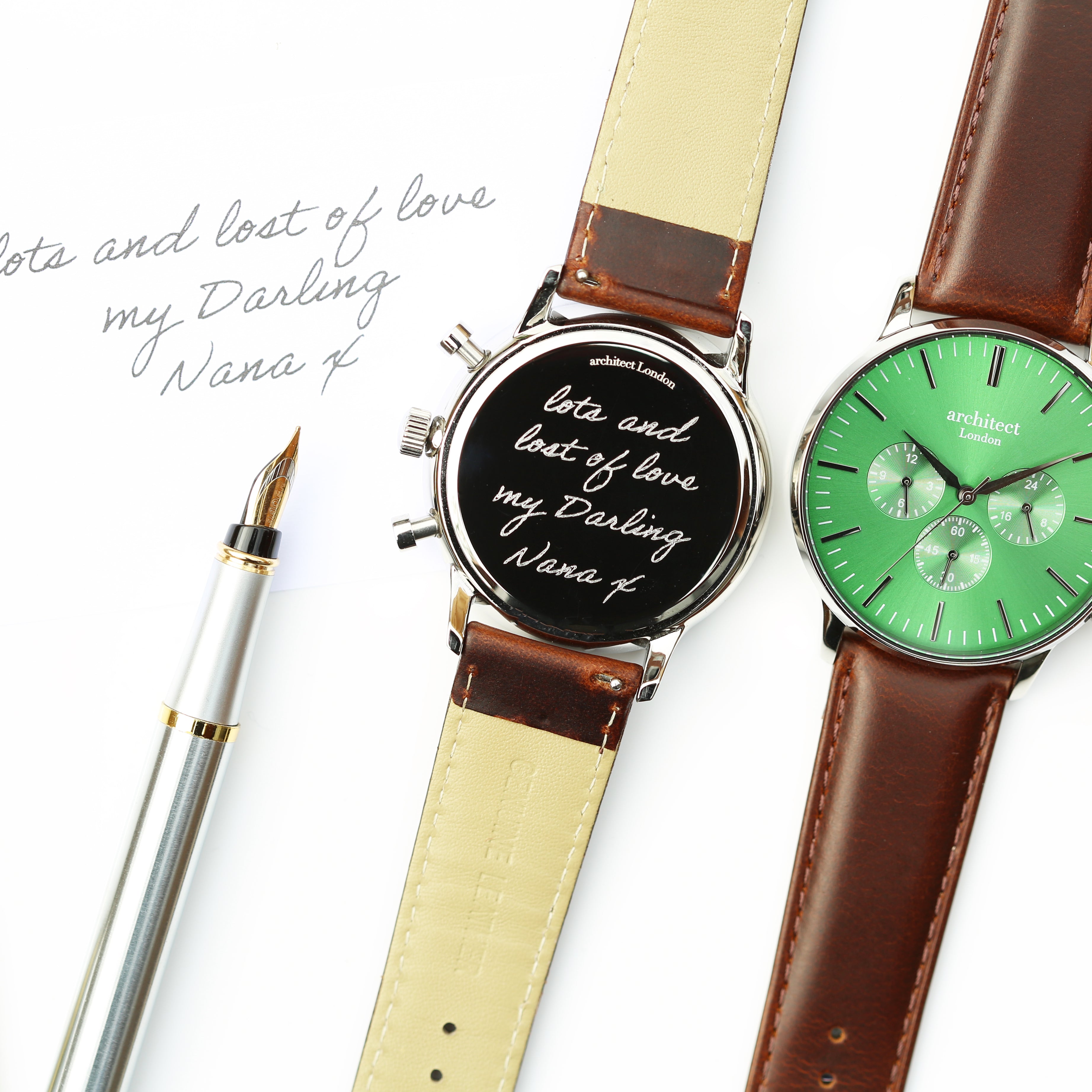 Handwriting Engraving - Men's Architect Motivator Green Face Walnut Strap - Wear We Met