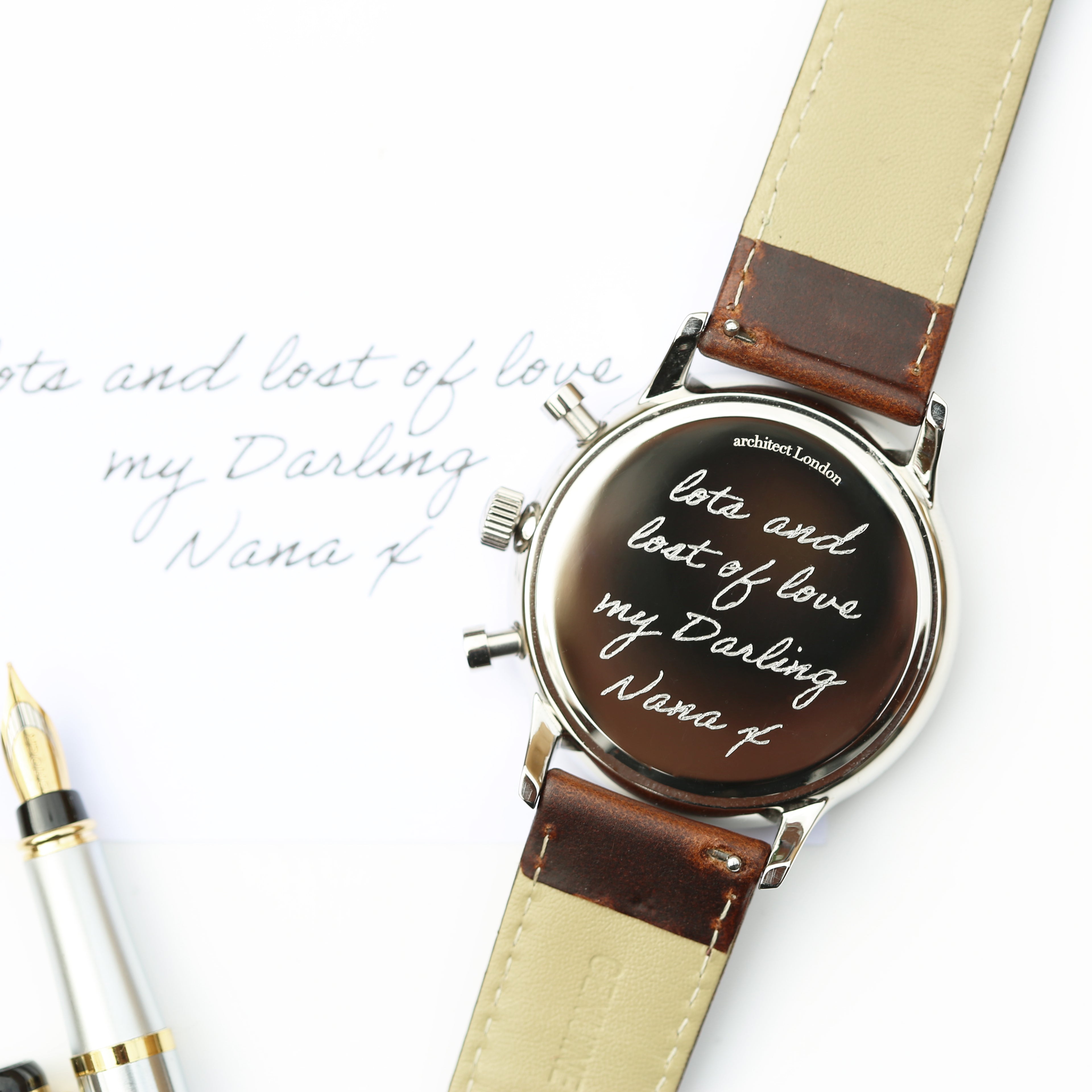 Handwriting Engraving - Men's Architect Motivator Green Face Walnut Strap - Wear We Met