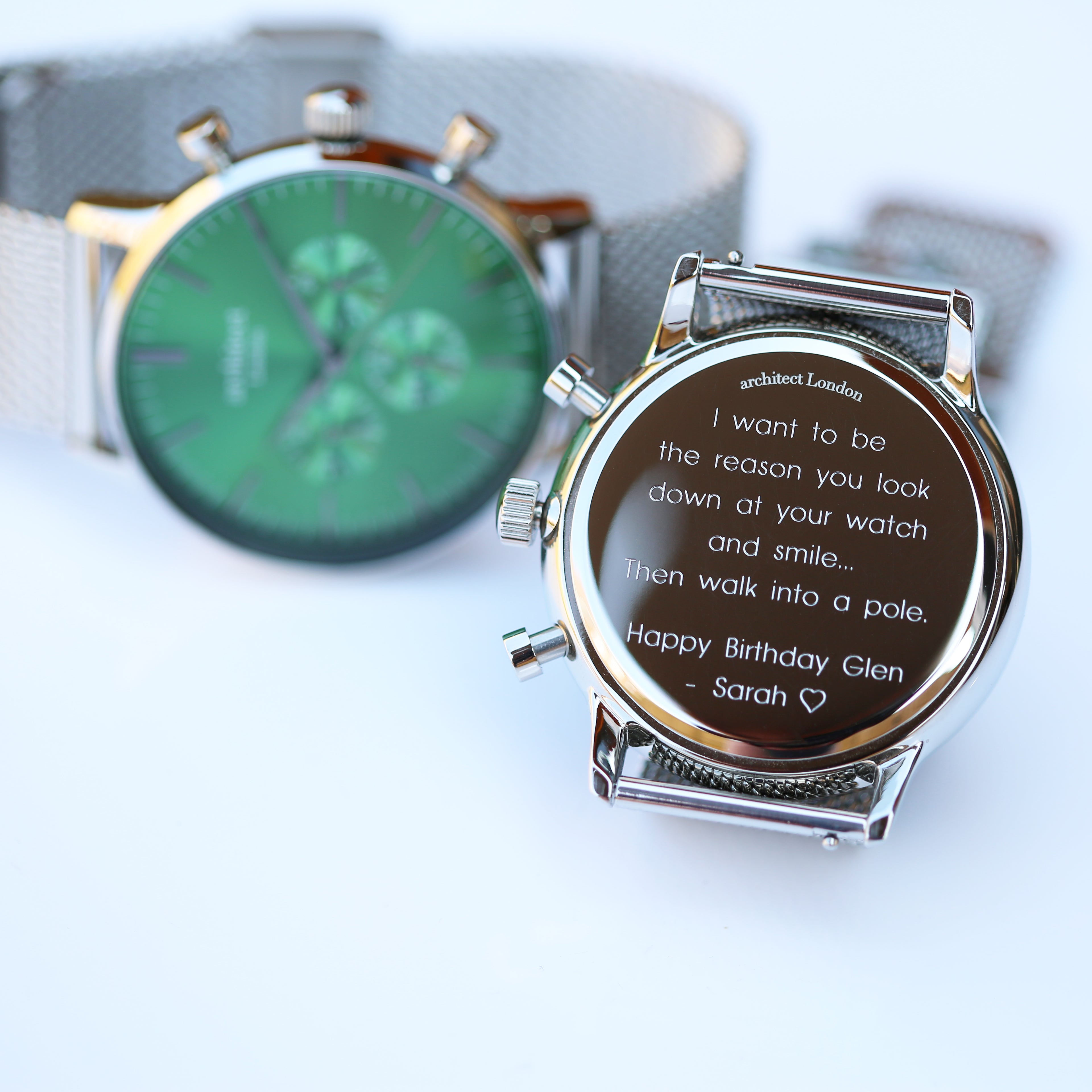 Men's Architect Motivator In Envy Green With Silver Mesh Strap - Modern Font Engraving - Wear We Met