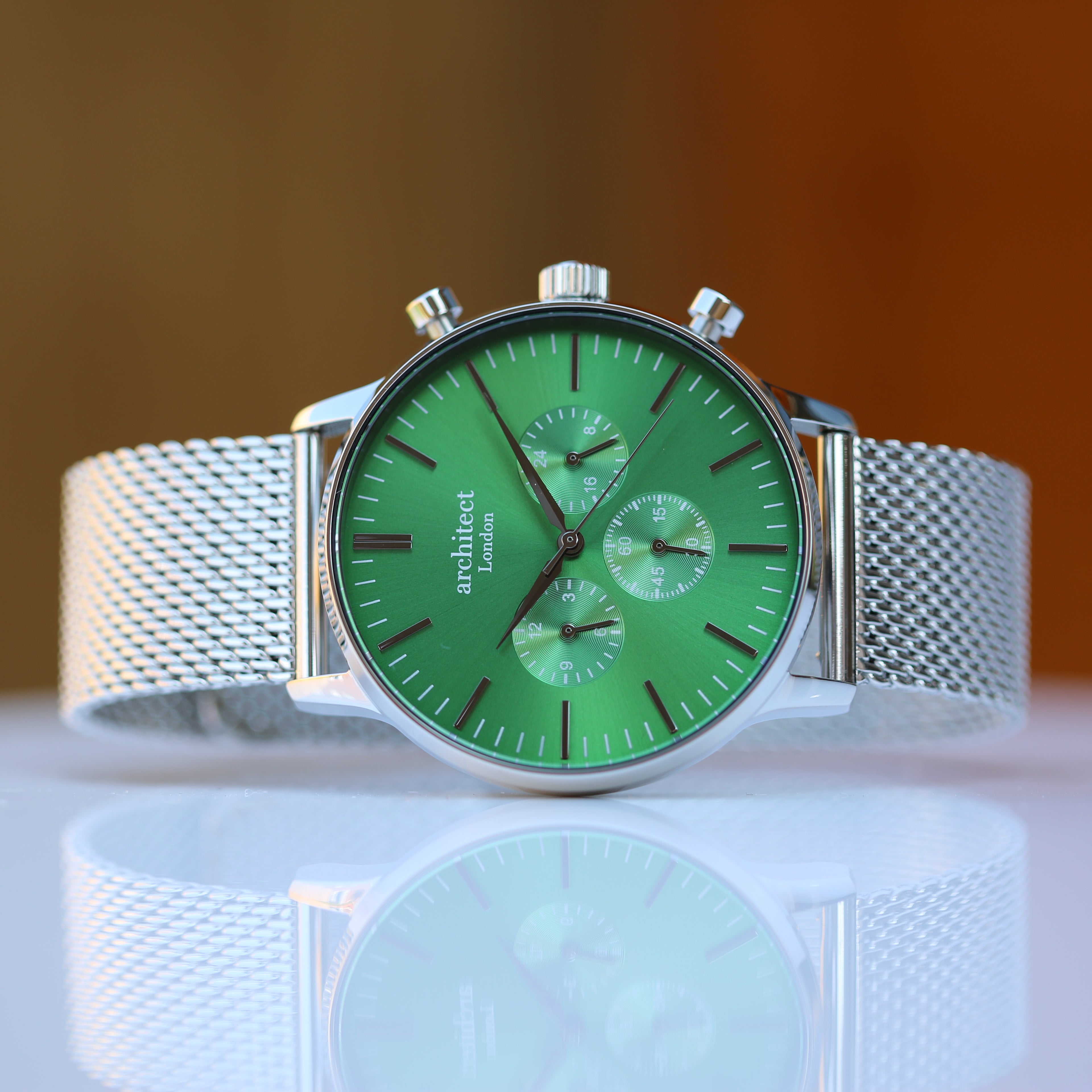 Men's Architect Motivator In Envy Green With Silver Mesh Strap - Modern Font Engraving - Wear We Met