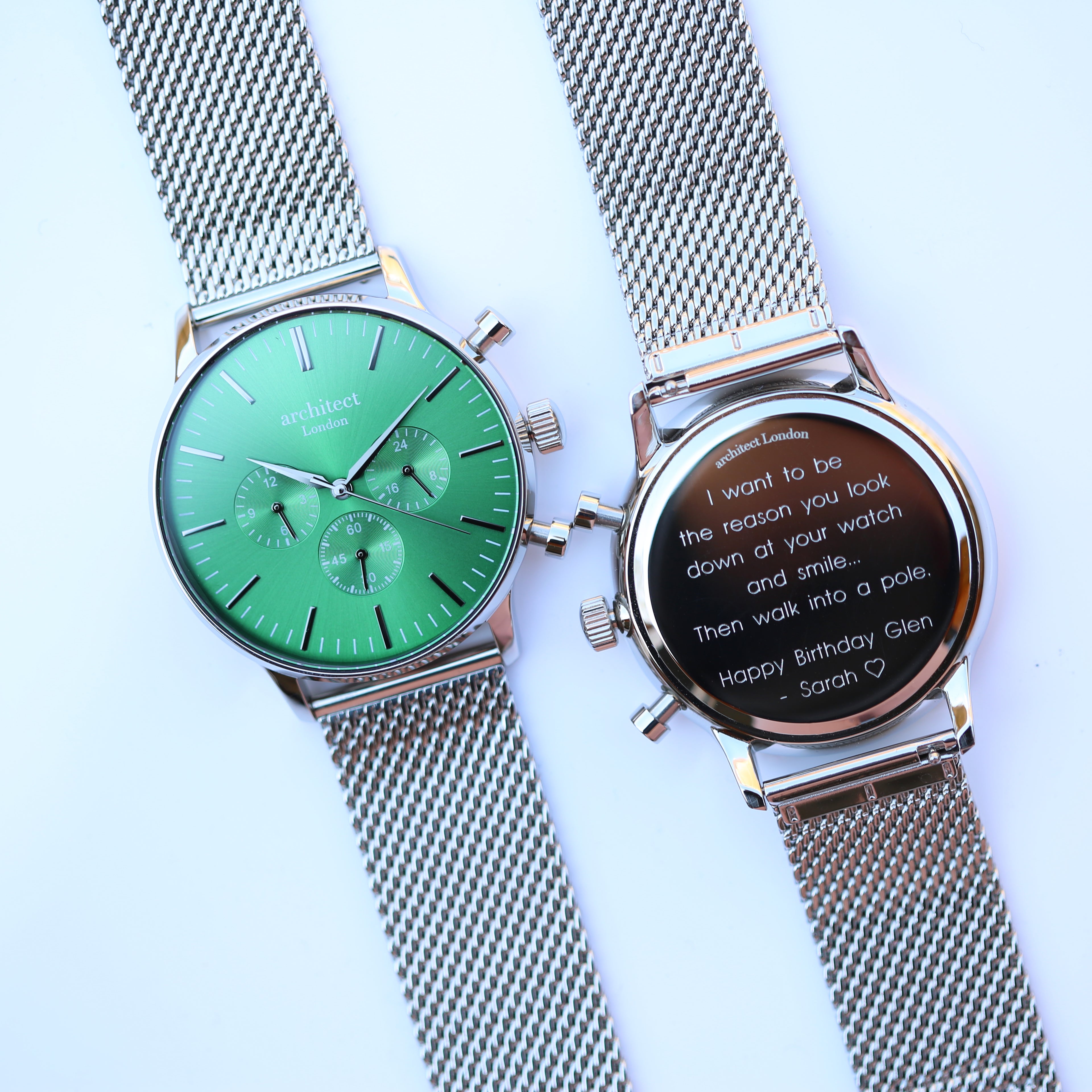 Men's Architect Motivator In Envy Green With Silver Mesh Strap - Modern Font Engraving - Wear We Met