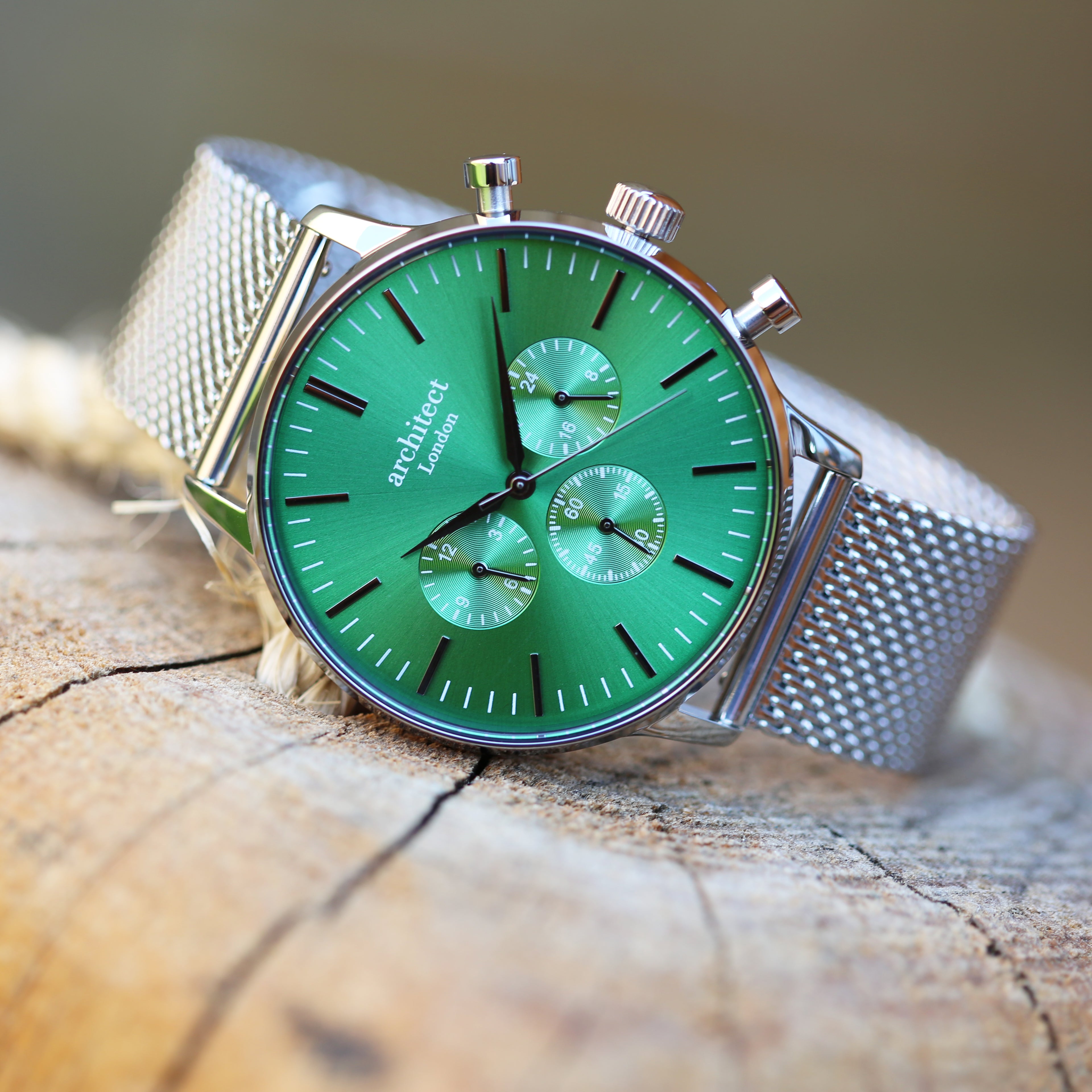 Men's Architect Motivator In Envy Green With Silver Mesh Strap - Modern Font Engraving - Wear We Met