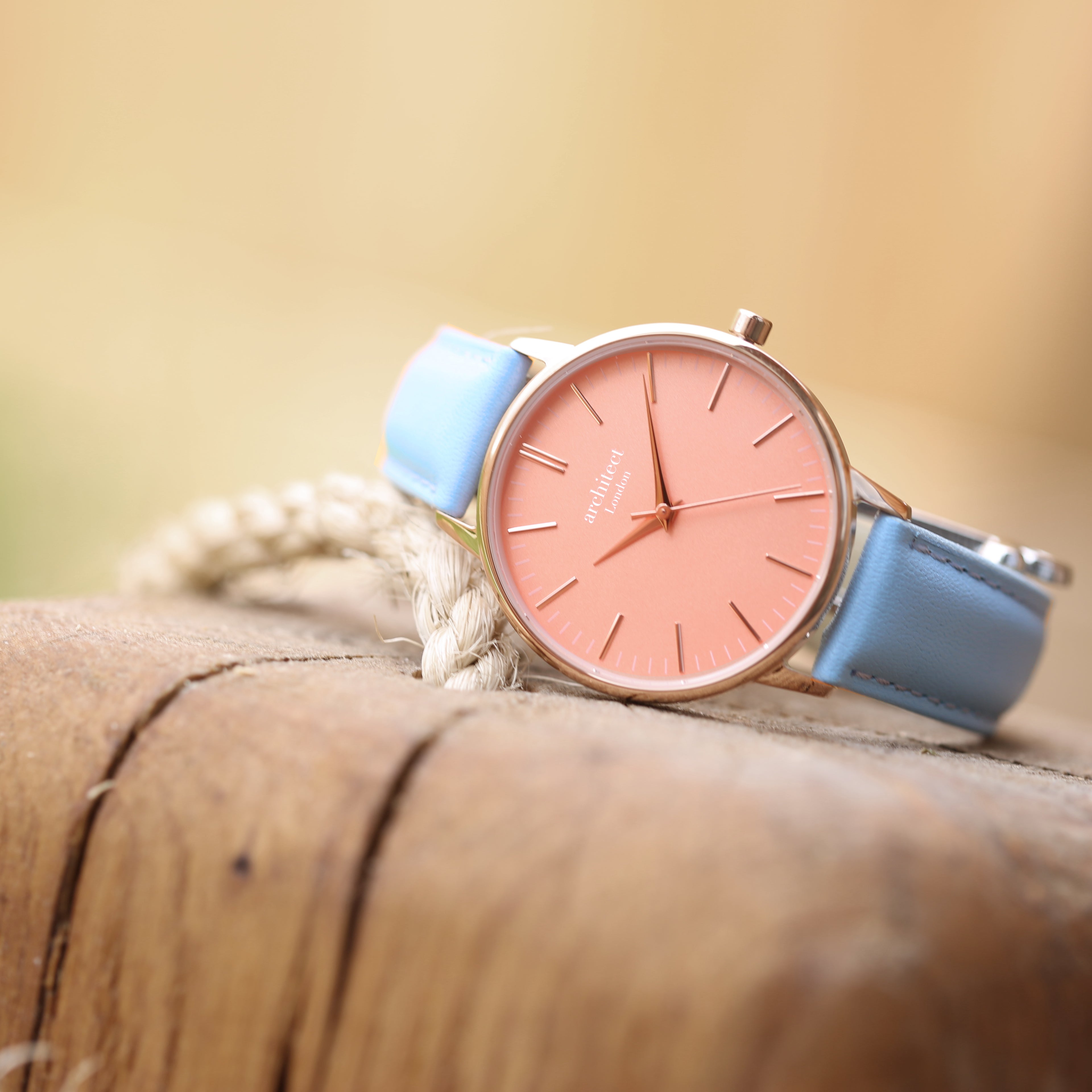 Ladies Architēct Coral - Modern Font Engraving + Light Blue Strap - Wear We Met