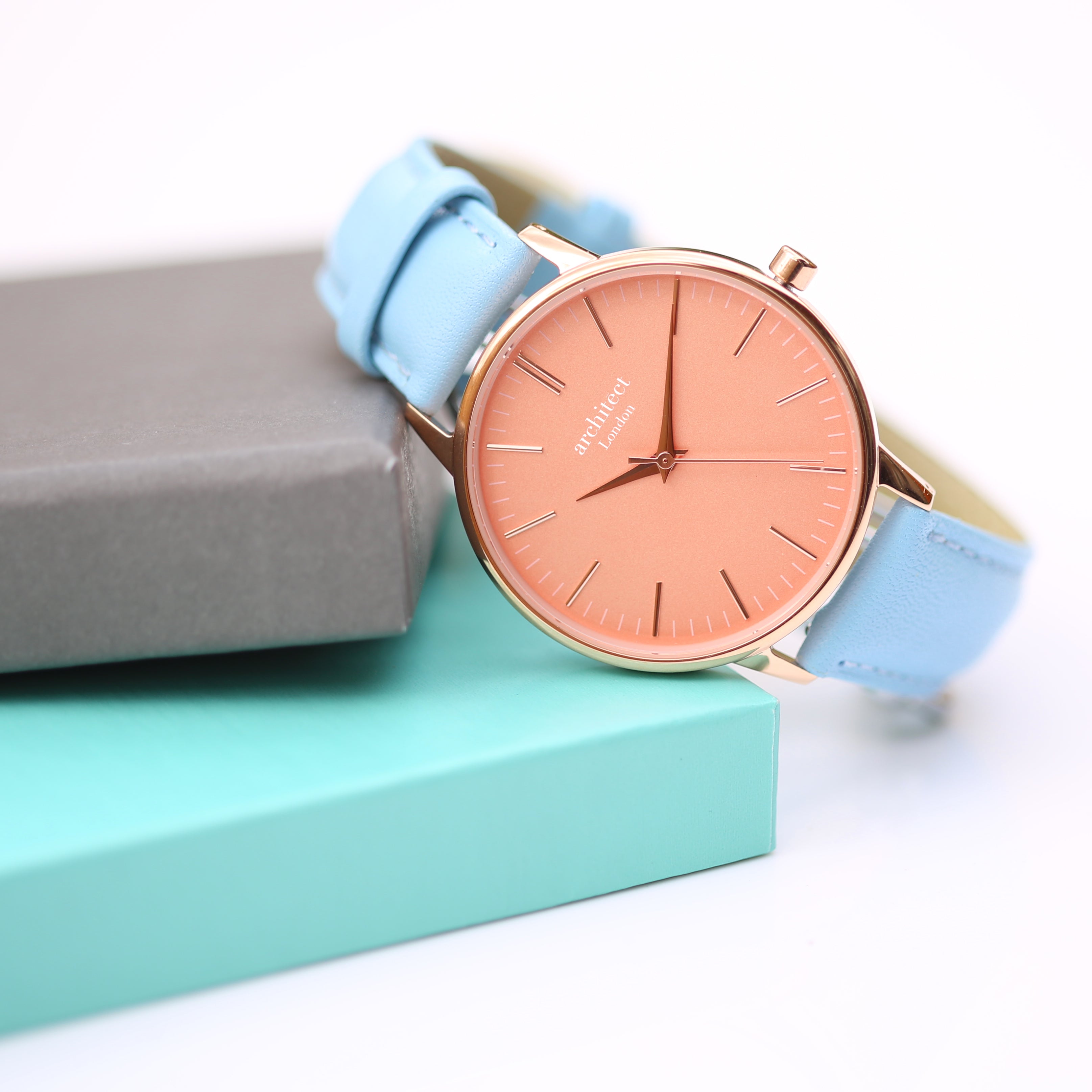 Ladies Architēct Coral - Modern Font Engraving + Light Blue Strap - Wear We Met