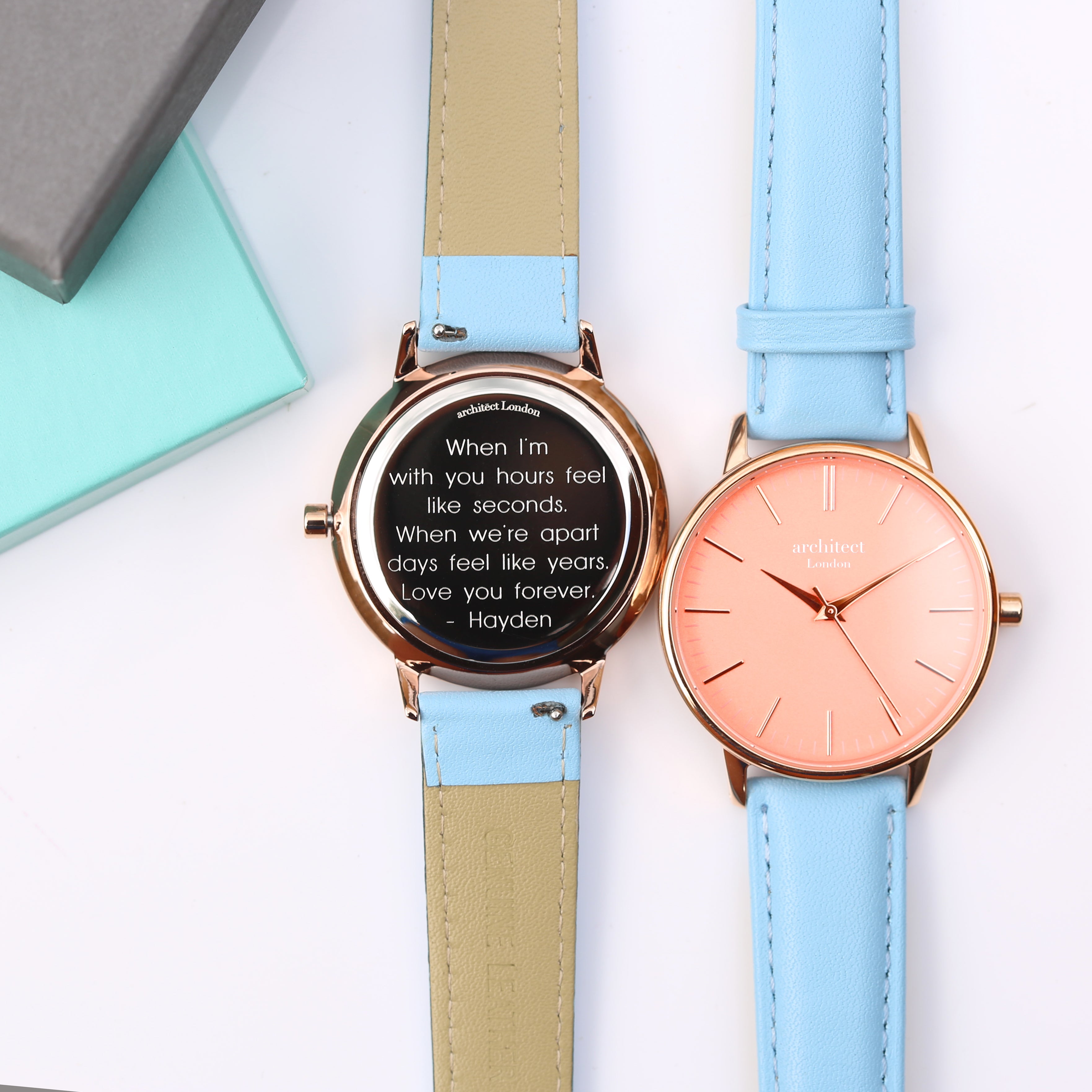 Ladies Architēct Coral - Modern Font Engraving + Light Blue Strap - Wear We Met