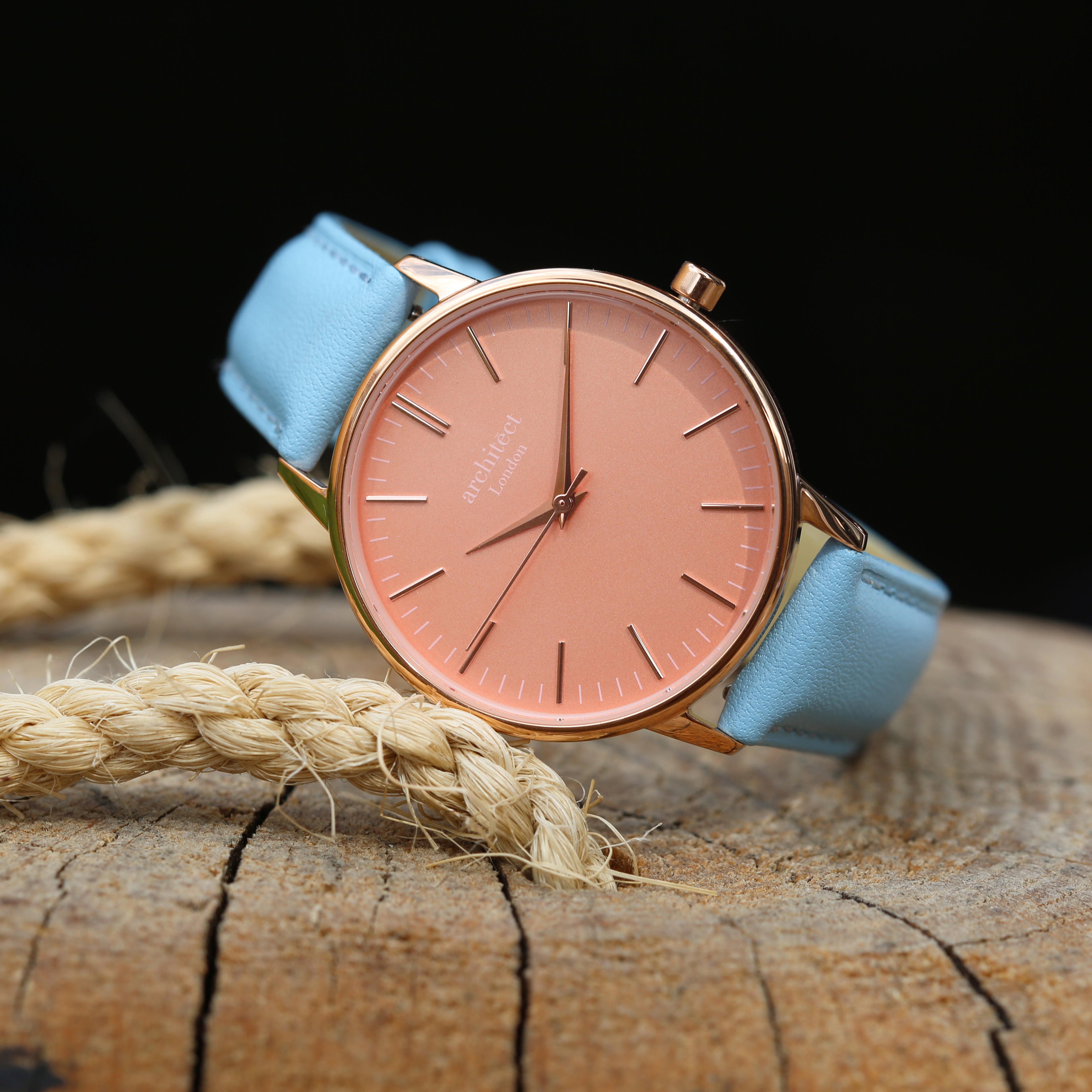 Ladies Architēct Coral - Modern Font Engraving + Light Blue Strap - Wear We Met