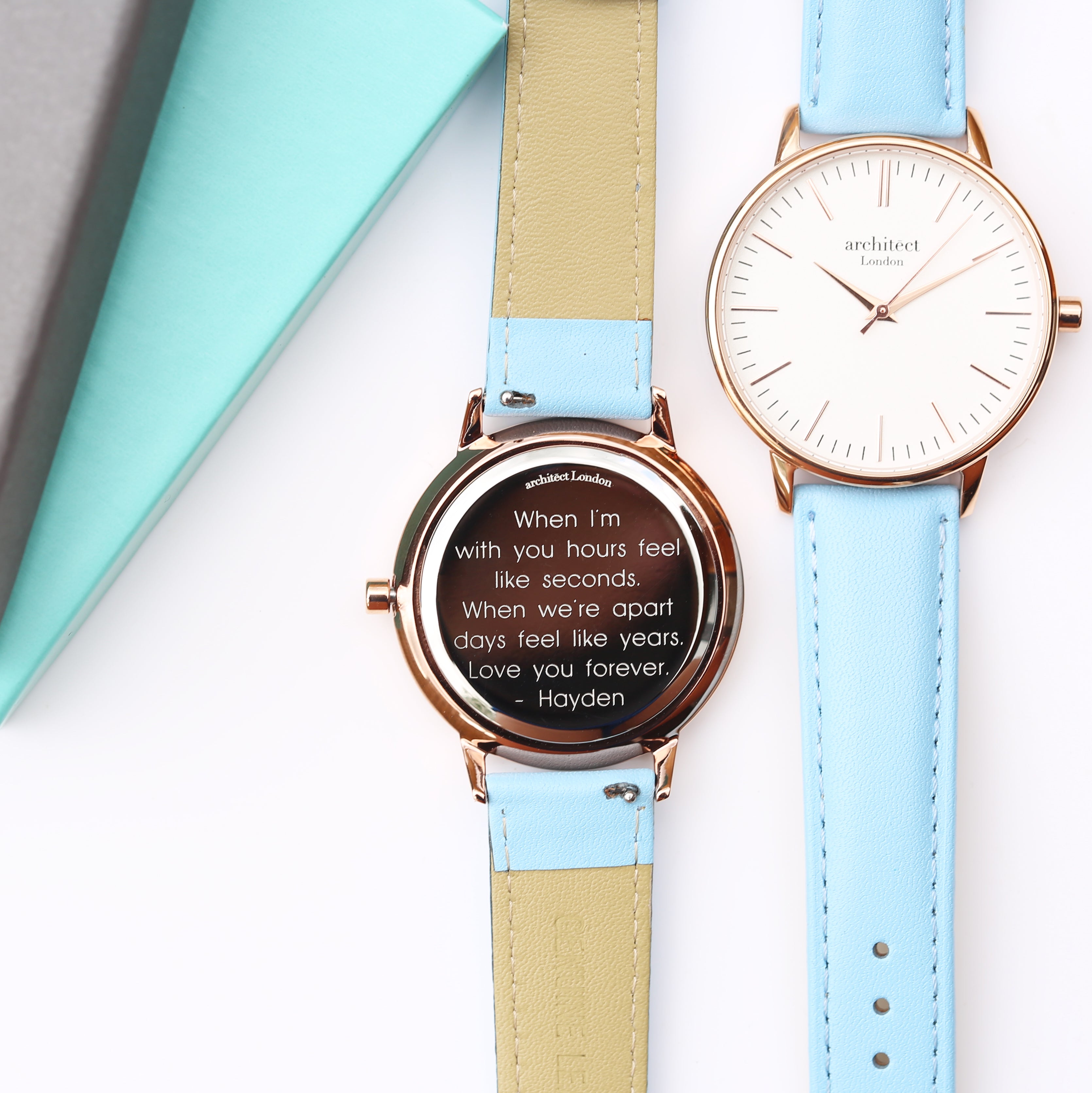 Ladies Architēct Blanc - Modern Font Engraving + Light Blue Strap - Wear We Met