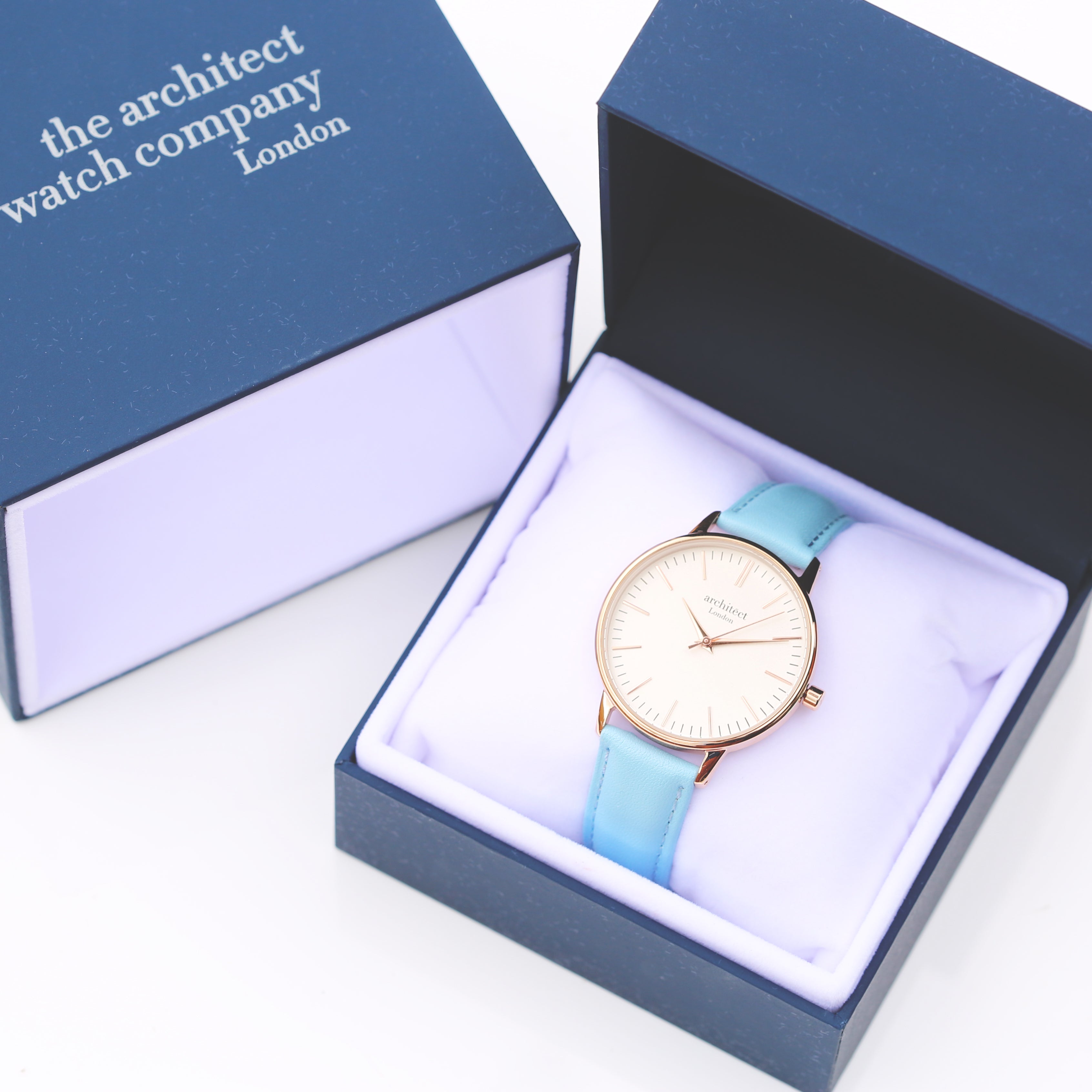 Ladies Architēct Blanc - Modern Font Engraving + Light Blue Strap - Wear We Met