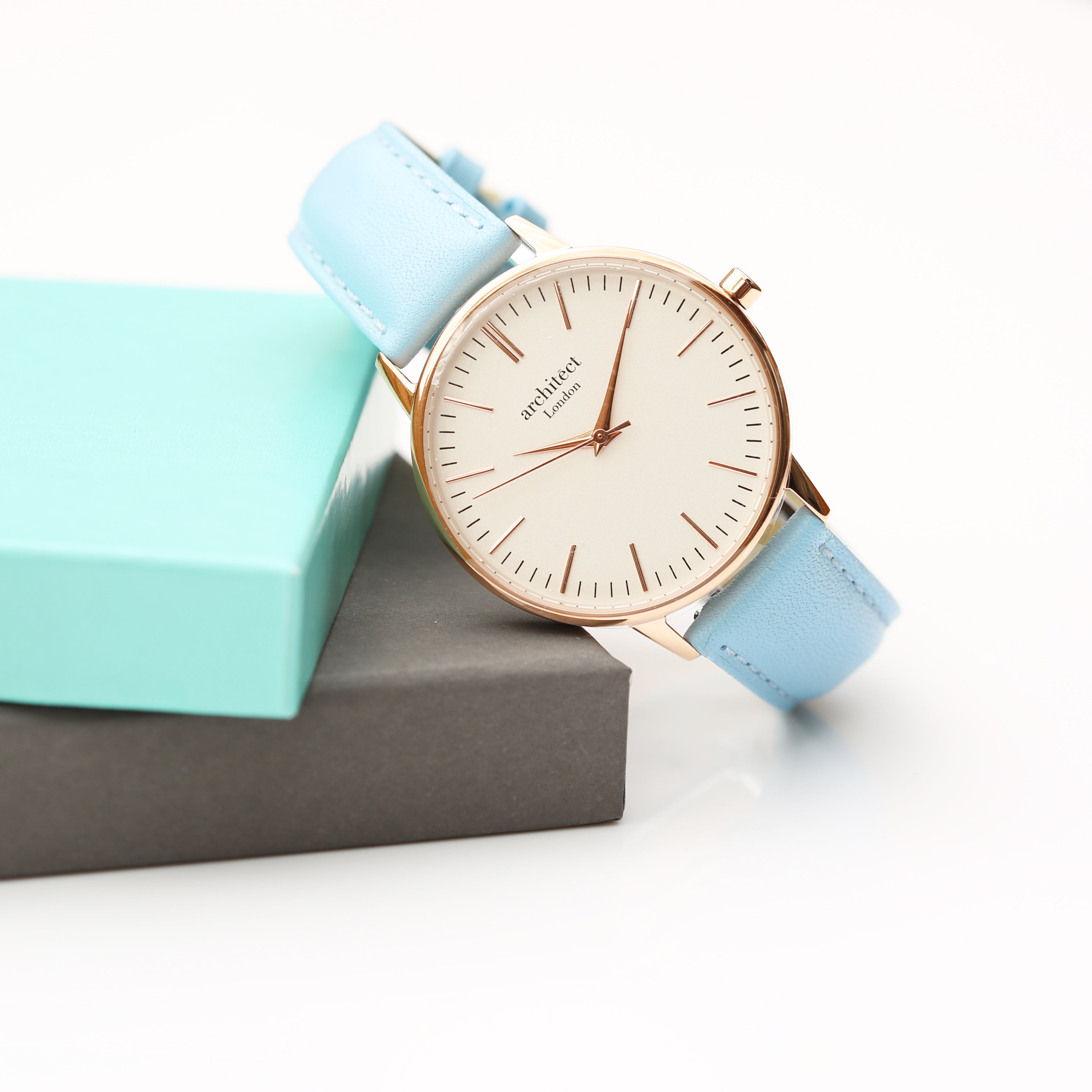 Ladies Architēct Blanc - Modern Font Engraving + Light Blue Strap - Wear We Met