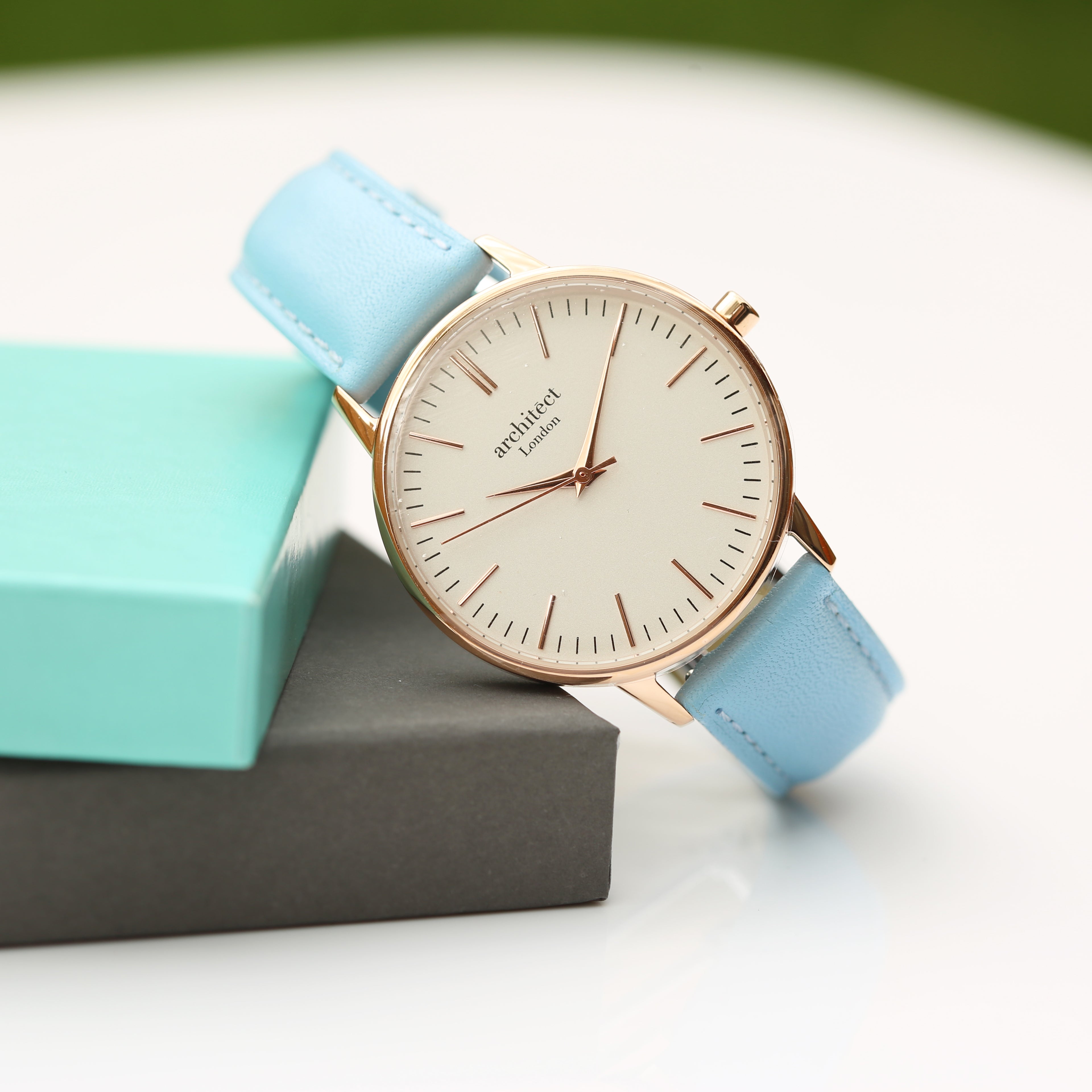 Ladies Architēct Blanc - Modern Font Engraving + Light Blue Strap - Wear We Met