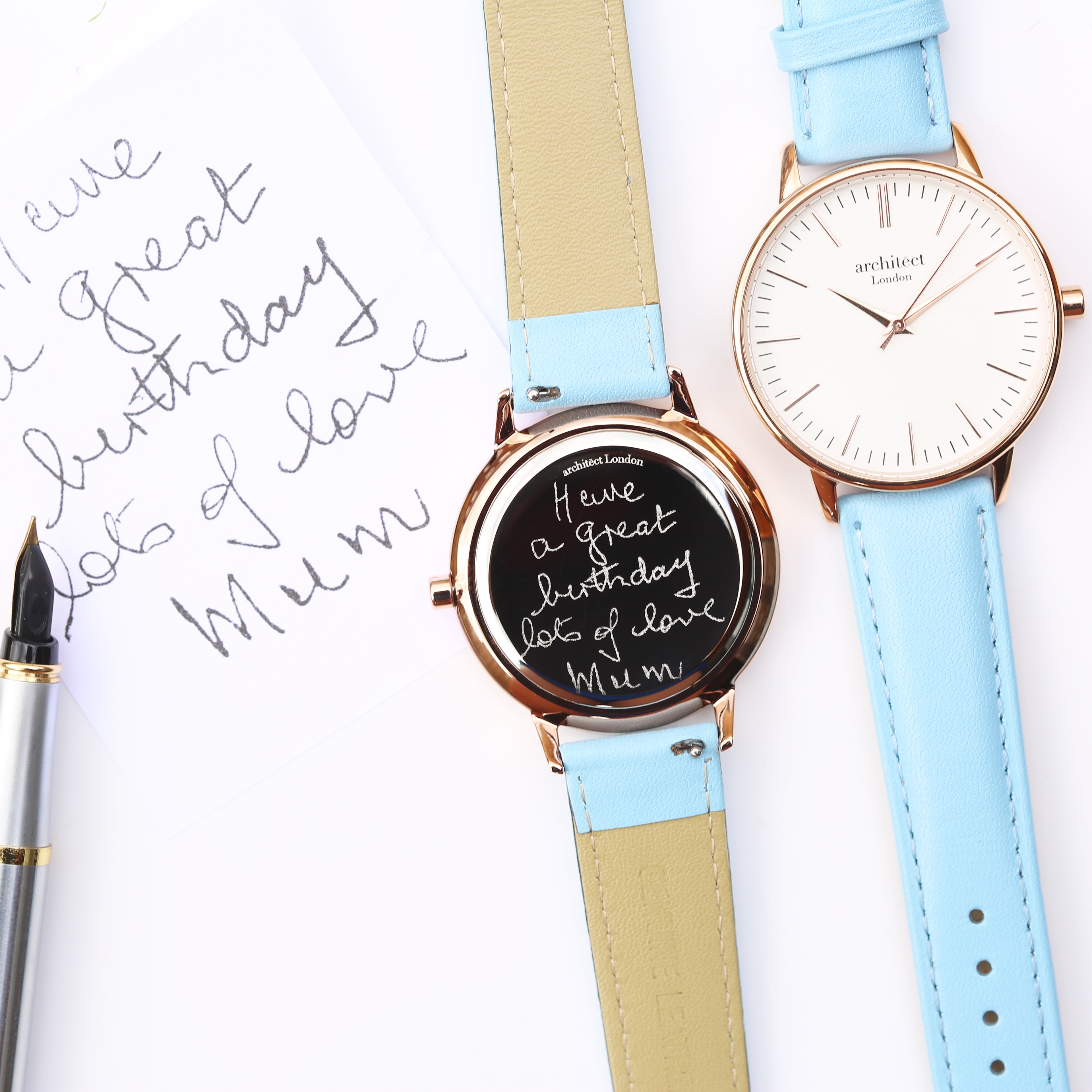 Ladies Architēct Blanc - Handwriting Engraving + Light Blue Strap - Wear We Met