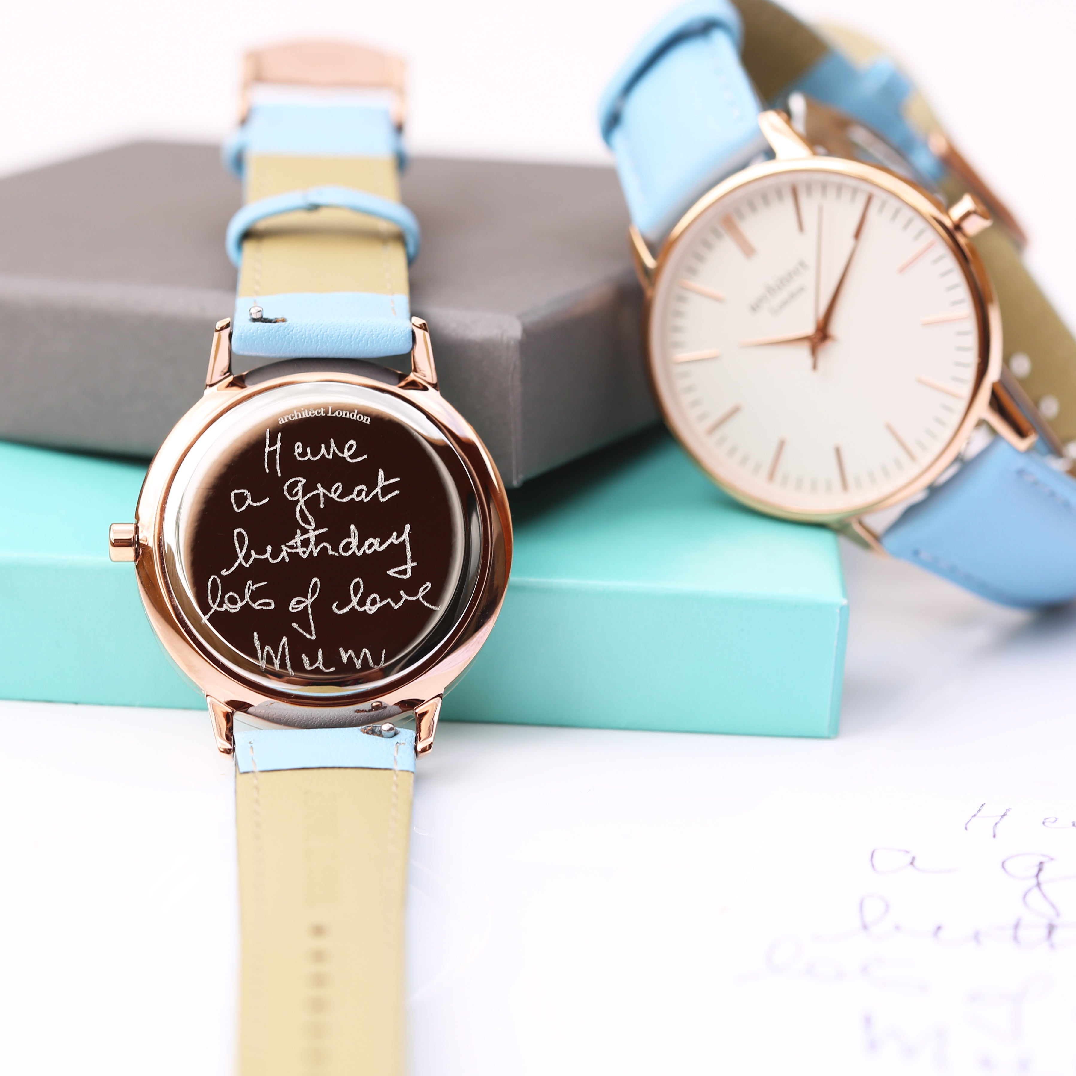 Ladies Architēct Blanc - Handwriting Engraving + Light Blue Strap - Wear We Met